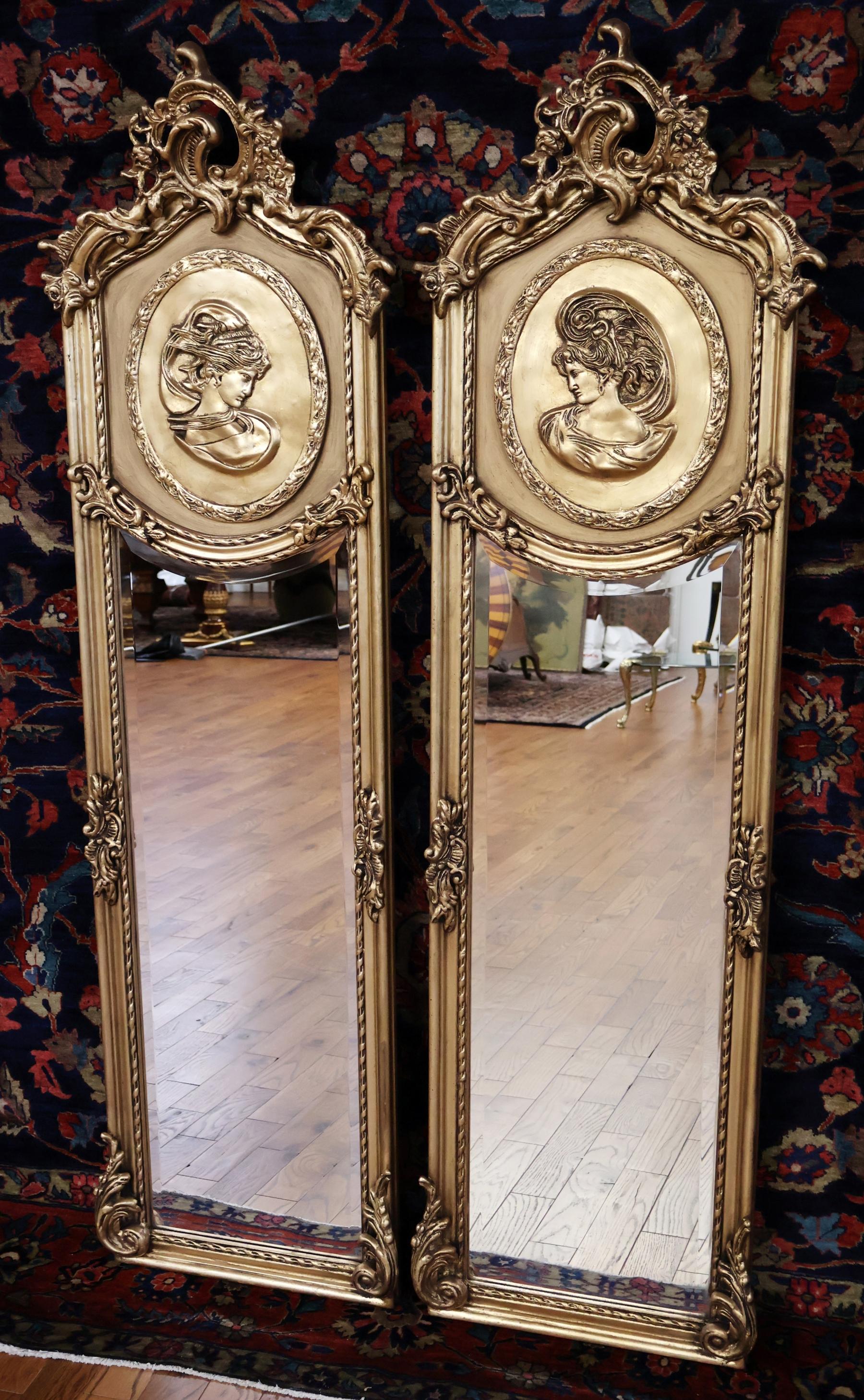 Contemporary Pair of Tall Narrow Louis XV French Style Gold Figural Beveled Glass Mirrors For Sale