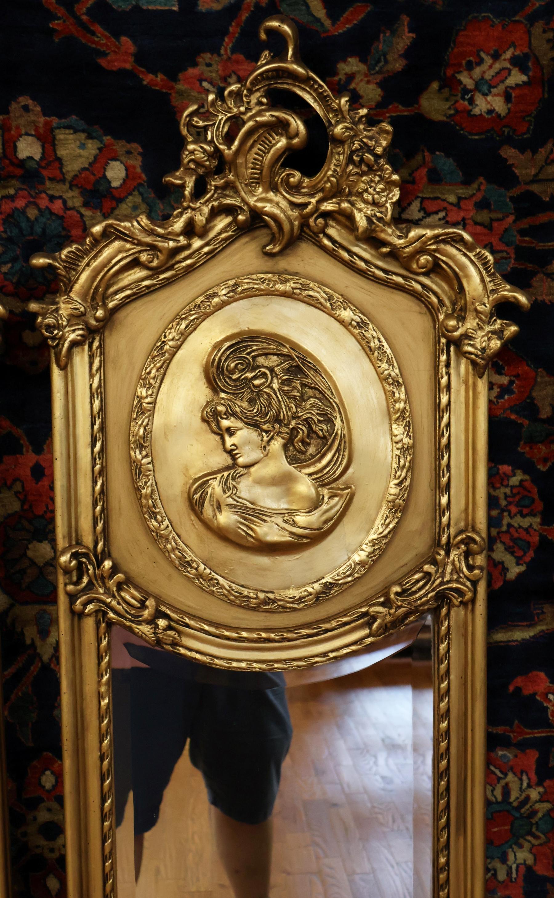 Pair of Tall Narrow Louis XV French Style Gold Figural Beveled Glass Mirrors For Sale 1