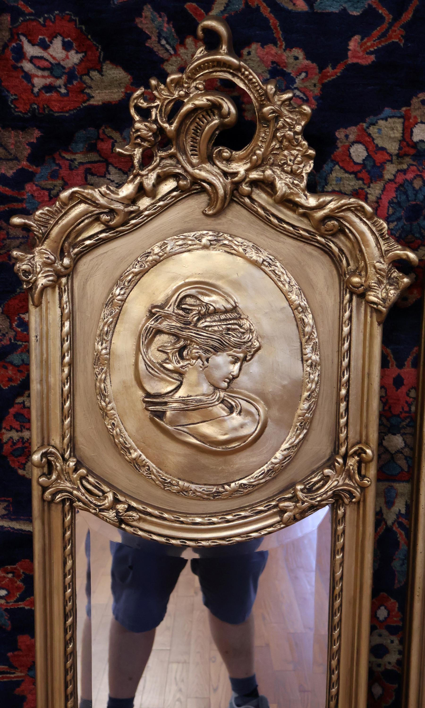 Pair of Tall Narrow Louis XV French Style Gold Figural Beveled Glass Mirrors For Sale 2