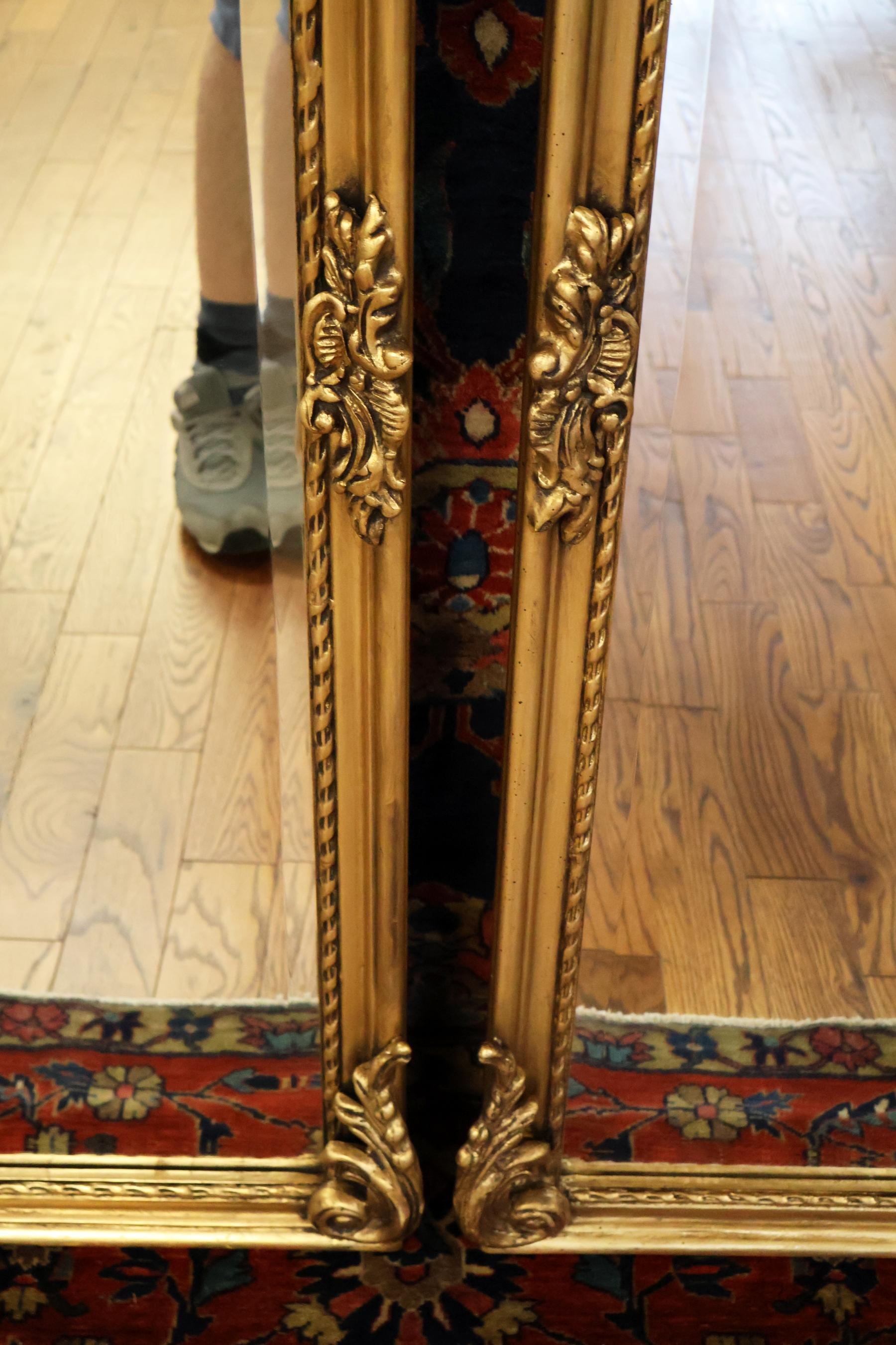 Pair of Tall Narrow Louis XV French Style Gold Figural Beveled Glass Mirrors For Sale 4
