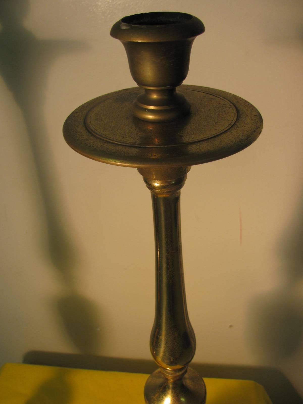 Metalwork Pair of Tall Neoclassical Brass Candleholders