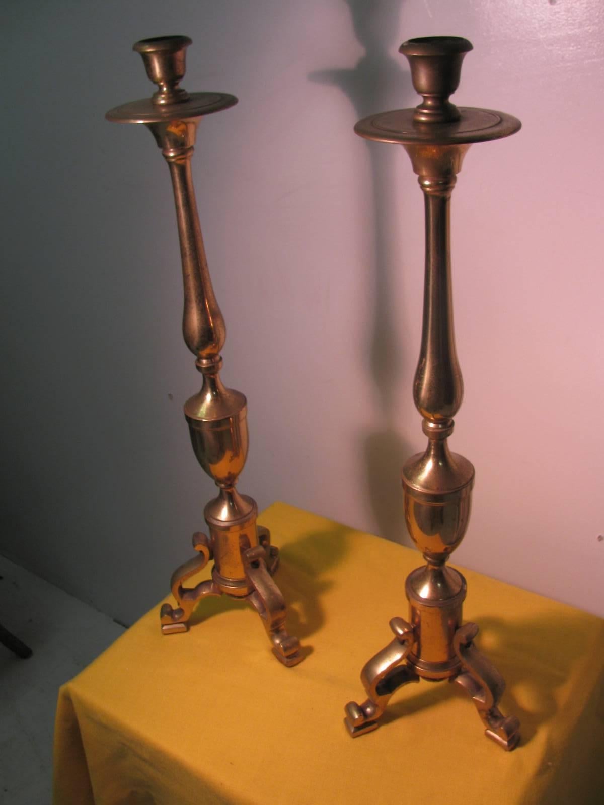 Pair of Tall Neoclassical Brass Candleholders In Excellent Condition In Port Jervis, NY