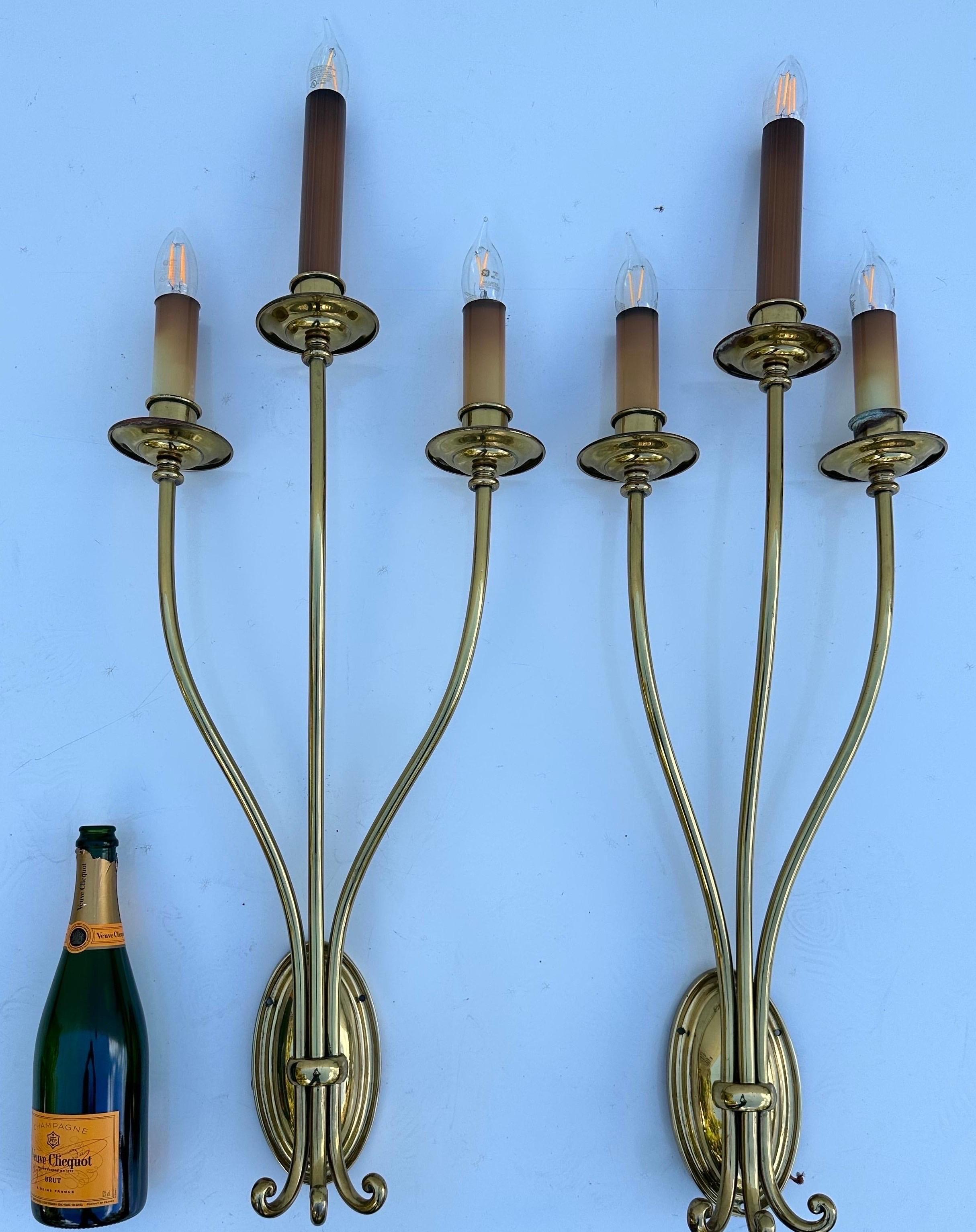 Pair of tall Neoclassical Brass Sconces For Sale 4