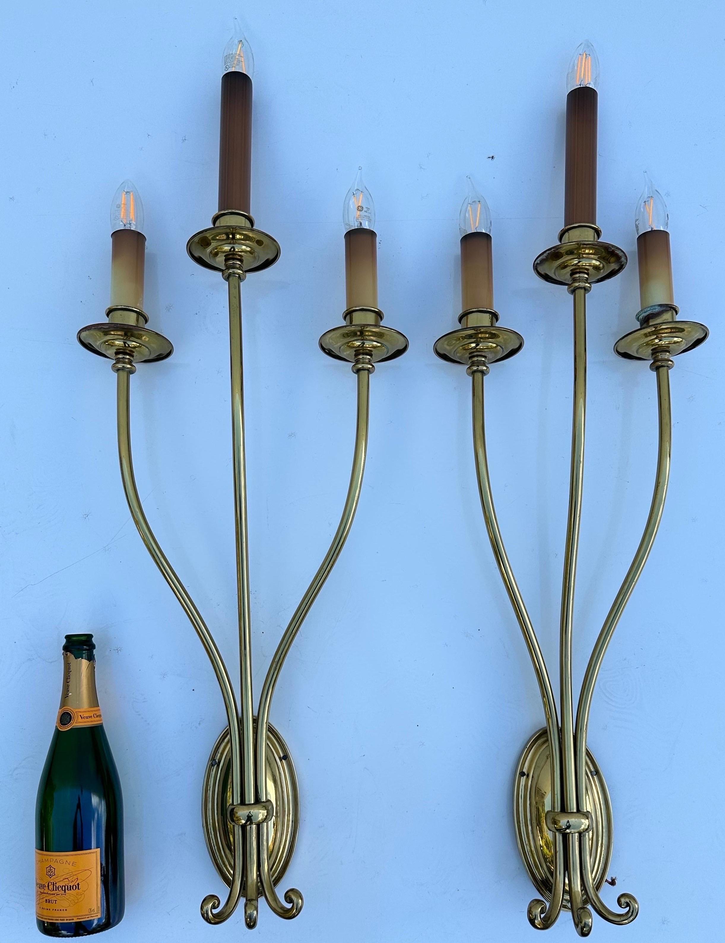 Pair of tall Neoclassical Brass Sconces For Sale 5