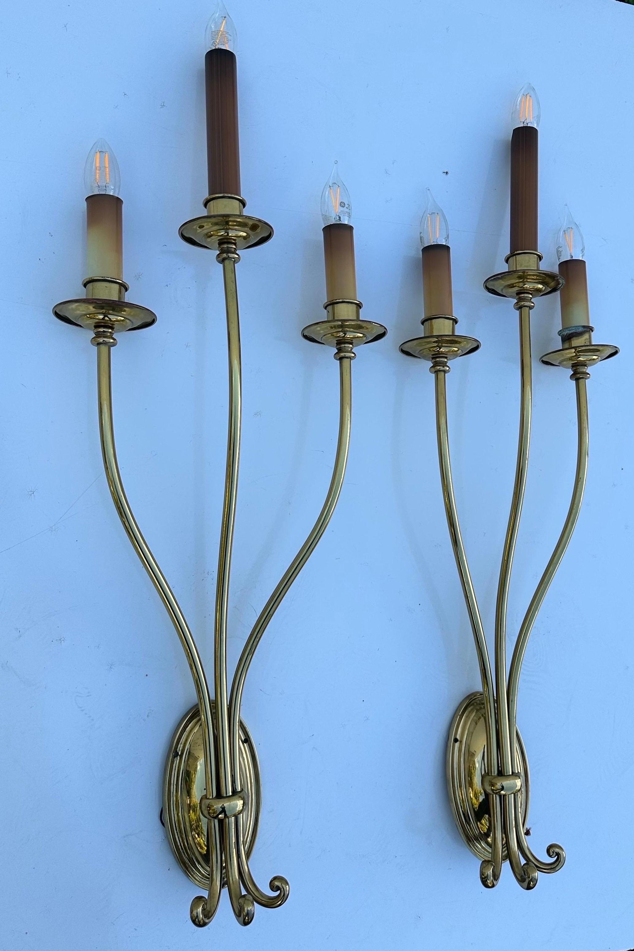 Pair of tall Neoclassical Brass Sconces.