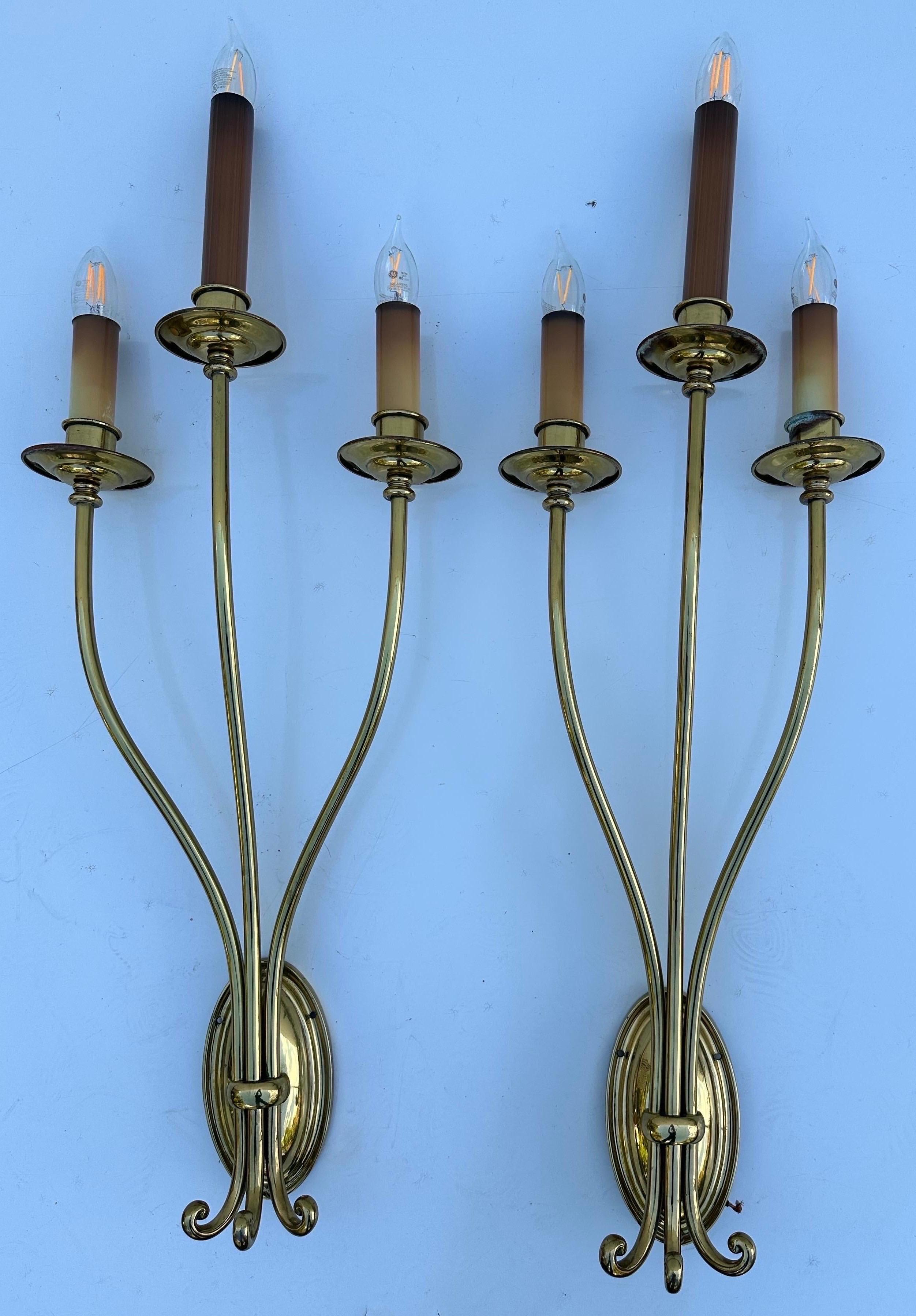 Mid-Century Modern Pair of tall Neoclassical Brass Sconces For Sale