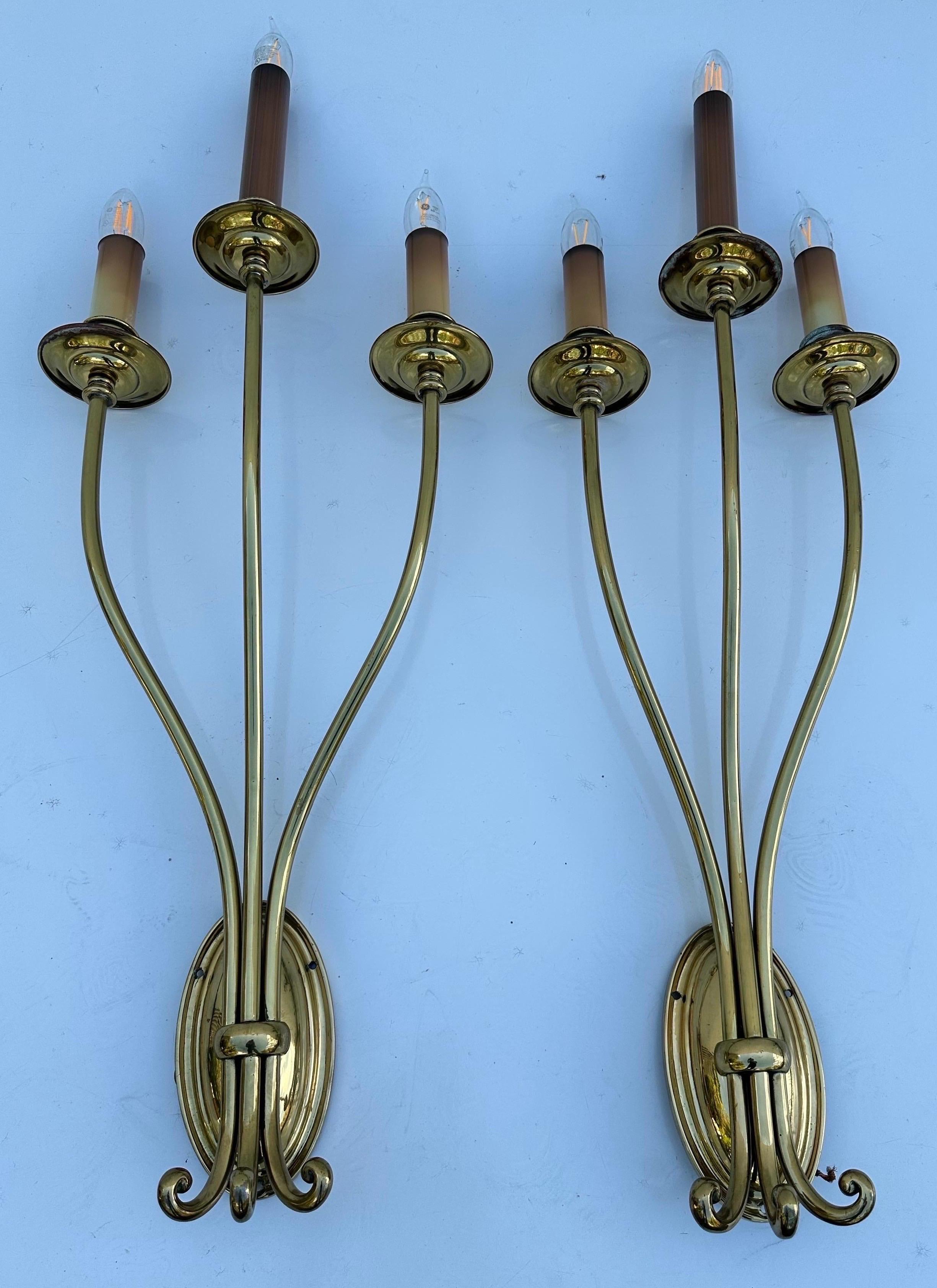 American Pair of tall Neoclassical Brass Sconces For Sale