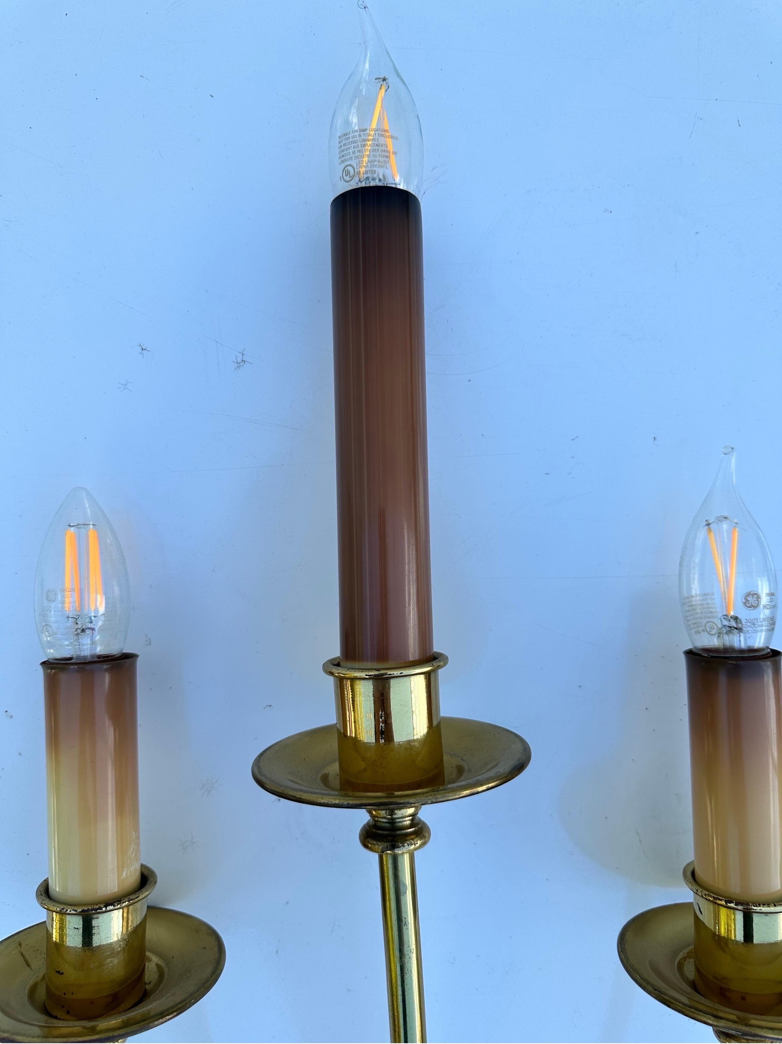 Pair of tall Neoclassical Brass Sconces In Good Condition For Sale In Miami, FL