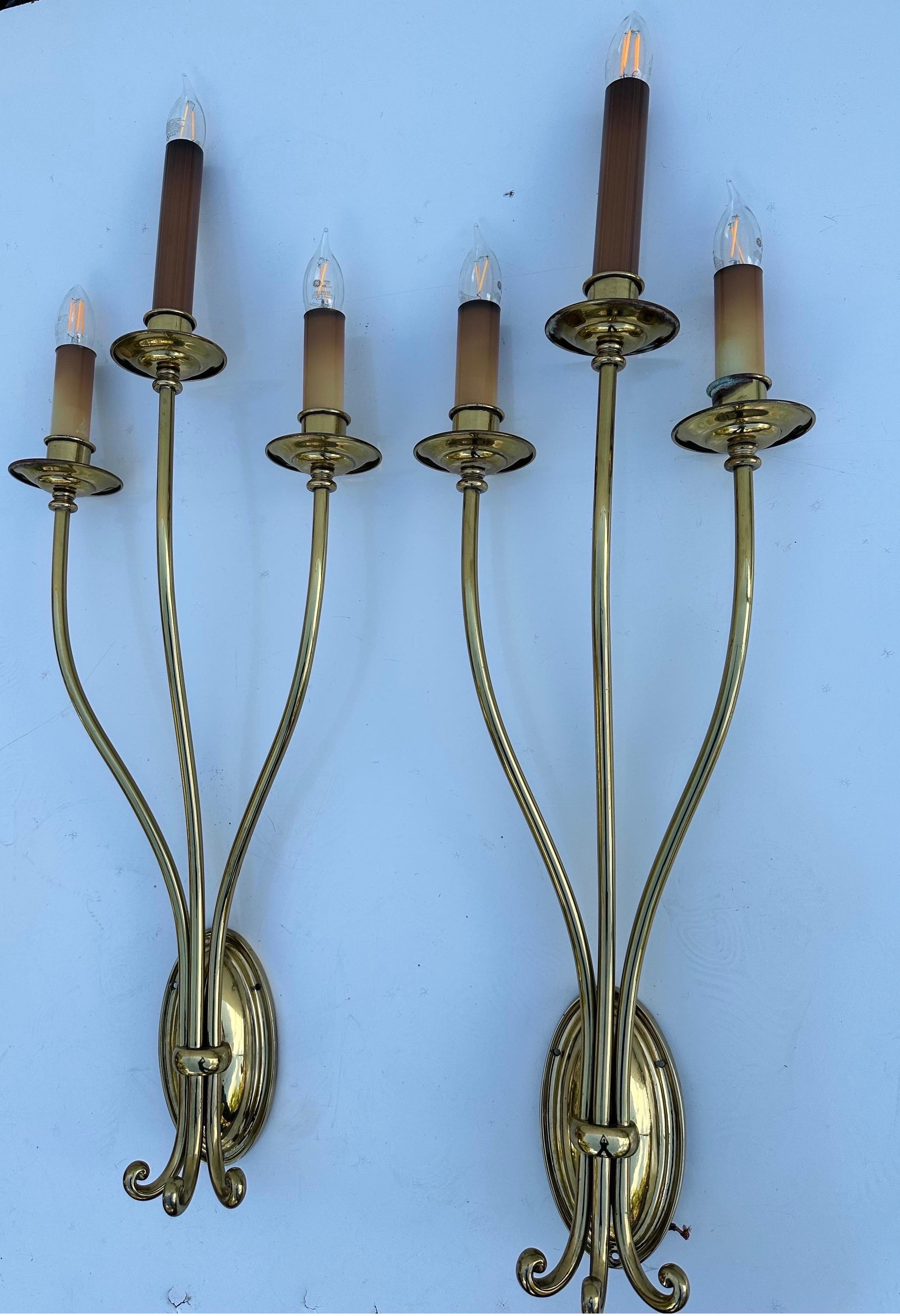 Pair of tall Neoclassical Brass Sconces For Sale 3