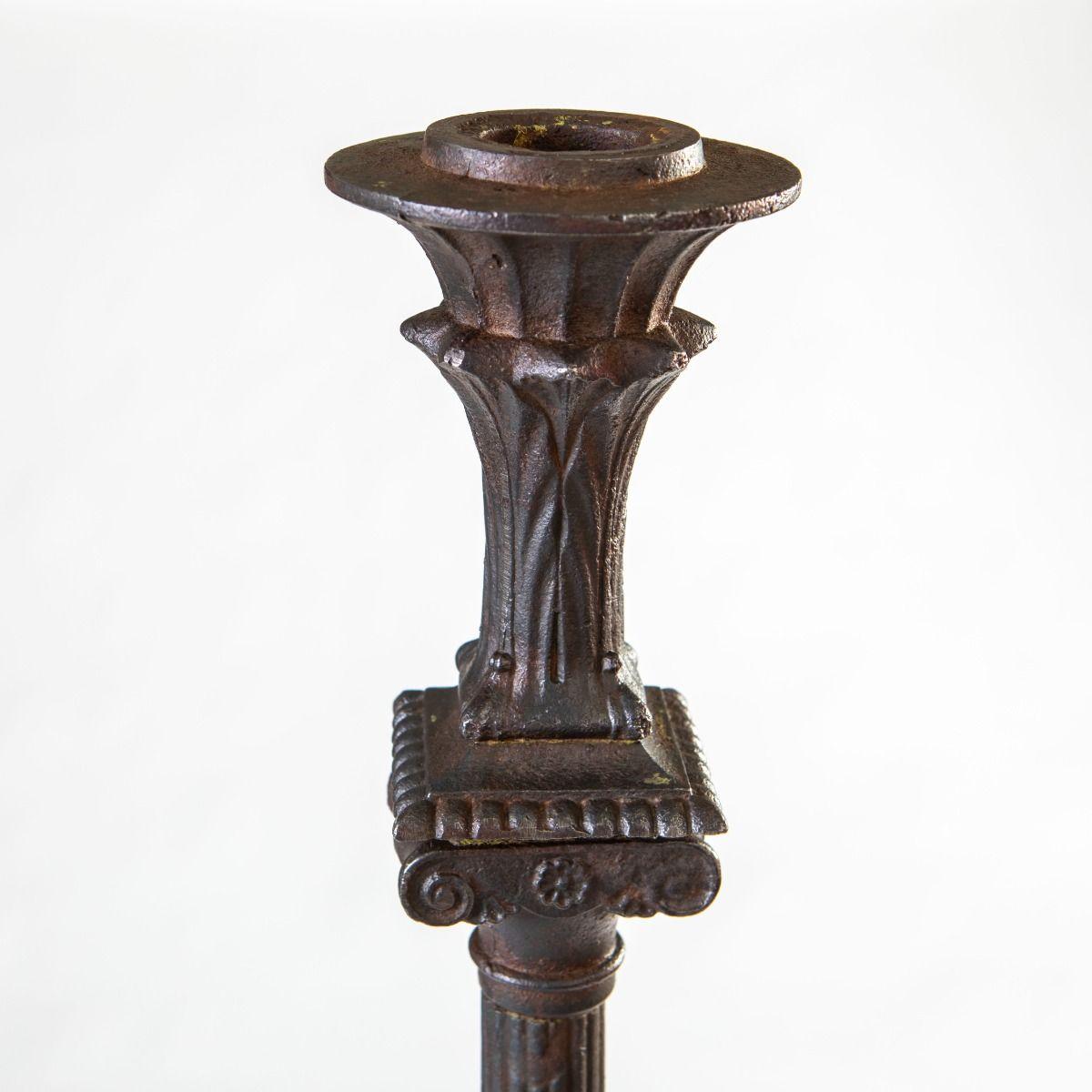 Pair of Antique Wrought Iron Torcheres, 19th Century
Design attributed to Thorvald Bindesbøll (1896–1908) & Vilhelm Bissen (1836–1913)

An impressive and decorative pair of tall wrought iron torcheres (height: 155 cm), inspired by classical