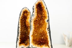 Pair of Tall Orange Citrine Crystal Geode Cathedrals with Sparkly Points