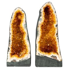 Pair of Tall Orange Citrine Crystal Geode Cathedrals with Sparkly Points