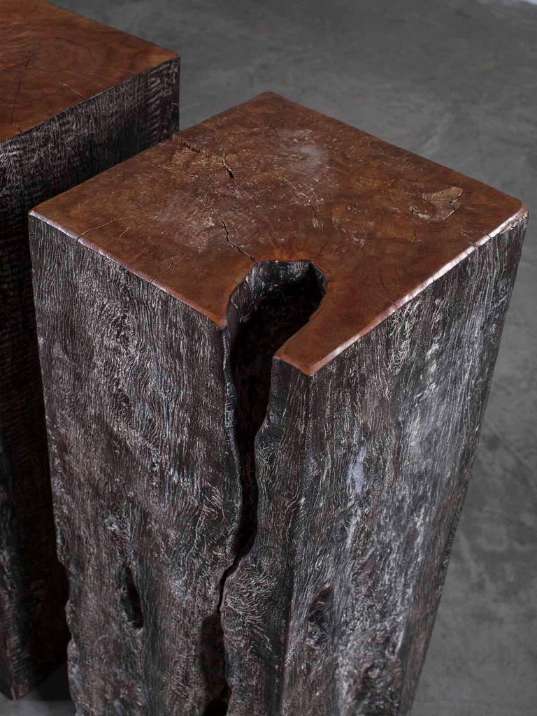 Pair of Tall Organic Modern Teak Wood Pedestal Column Stands from