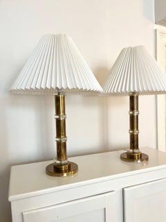 Pair of Tall Orrefors Swedish Brass and Glass Table Lamps