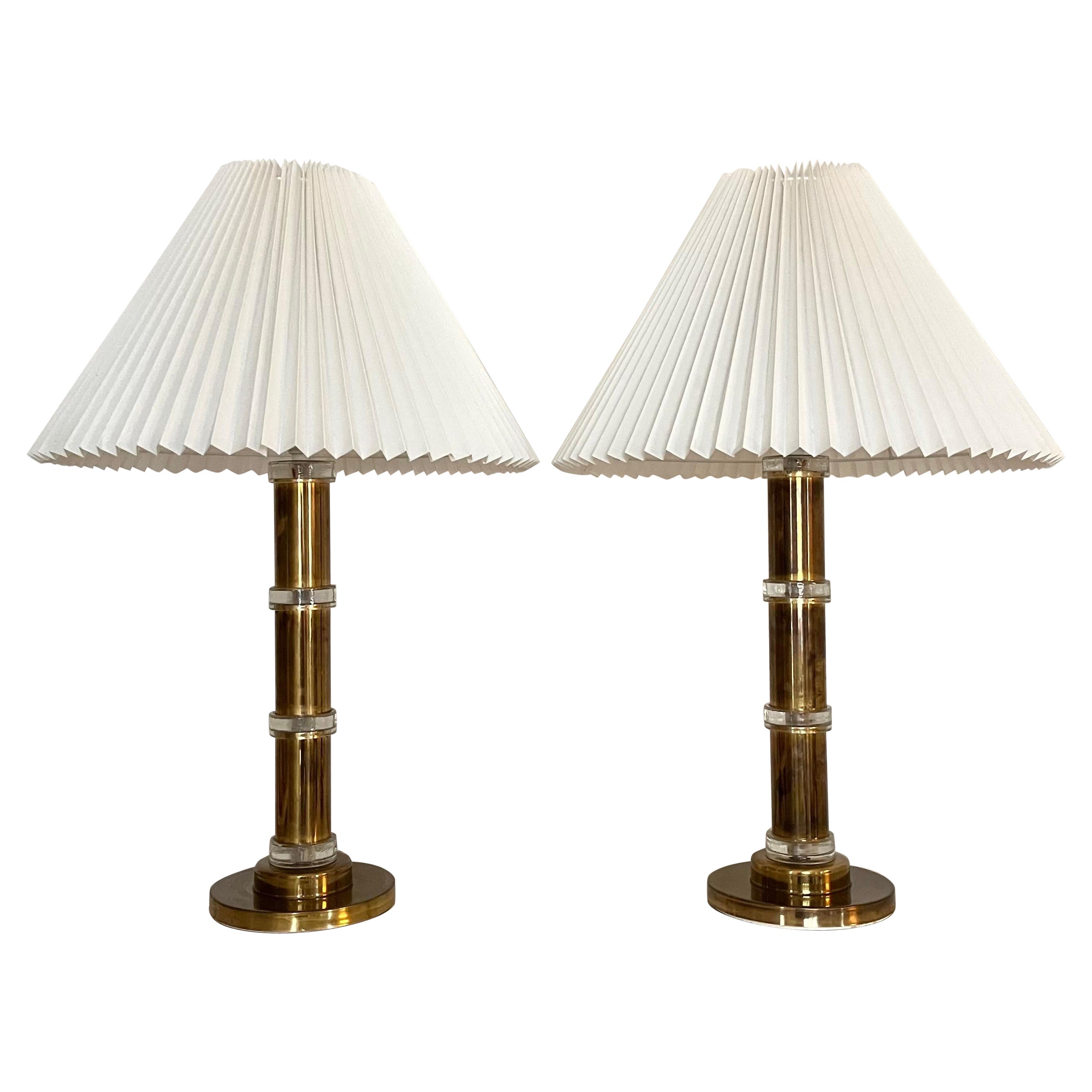 Pair of Tall Orrefors Swedish Brass and Glass Table Lamps