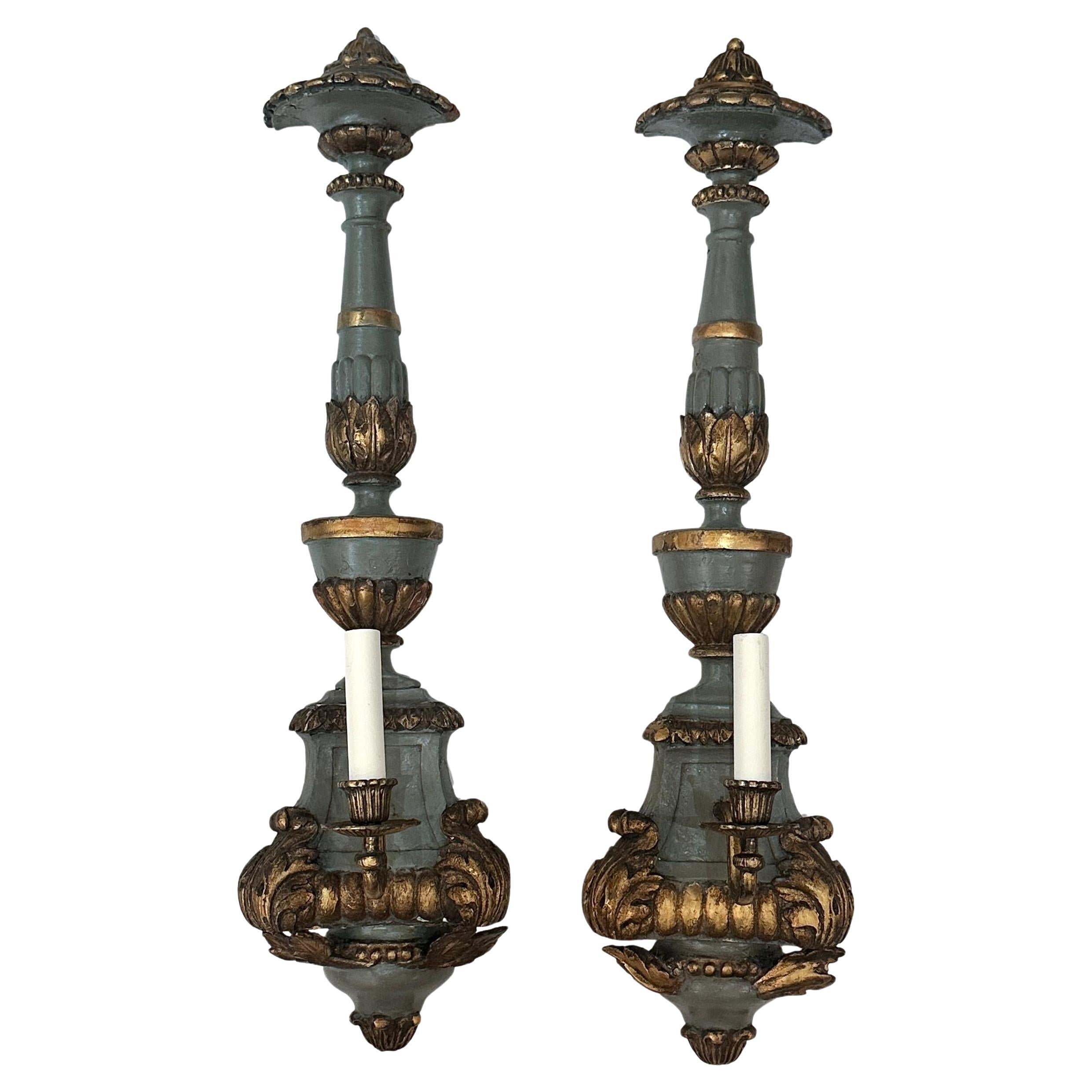Pair of Tall Painted Wood Venetian Sconces For Sale