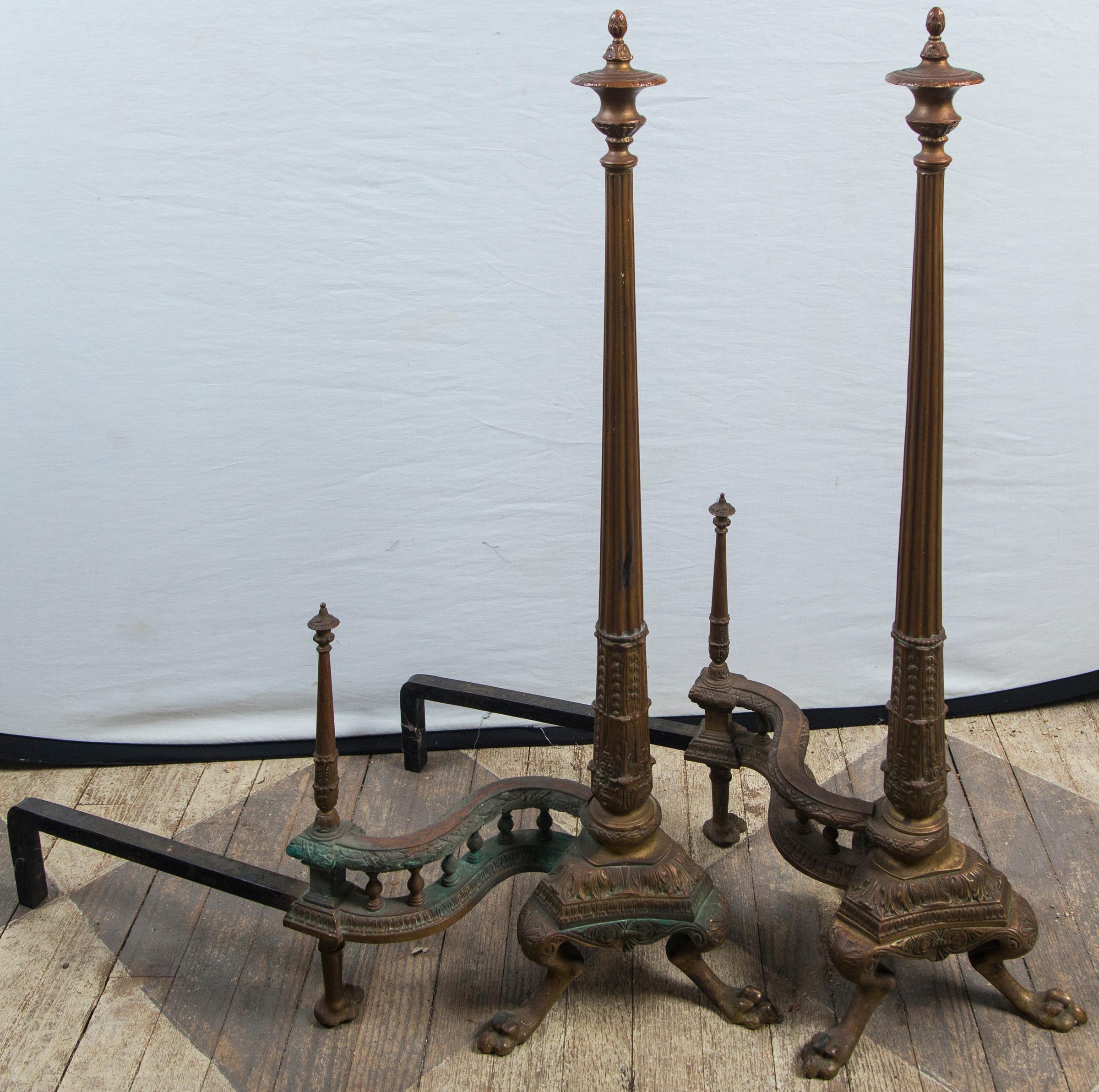 Pair of Tall Patinated Bronze Andirons For Sale 5