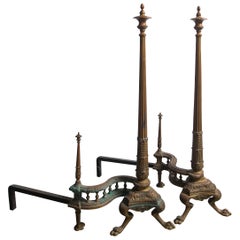 Antique Pair of Tall Patinated Bronze Andirons