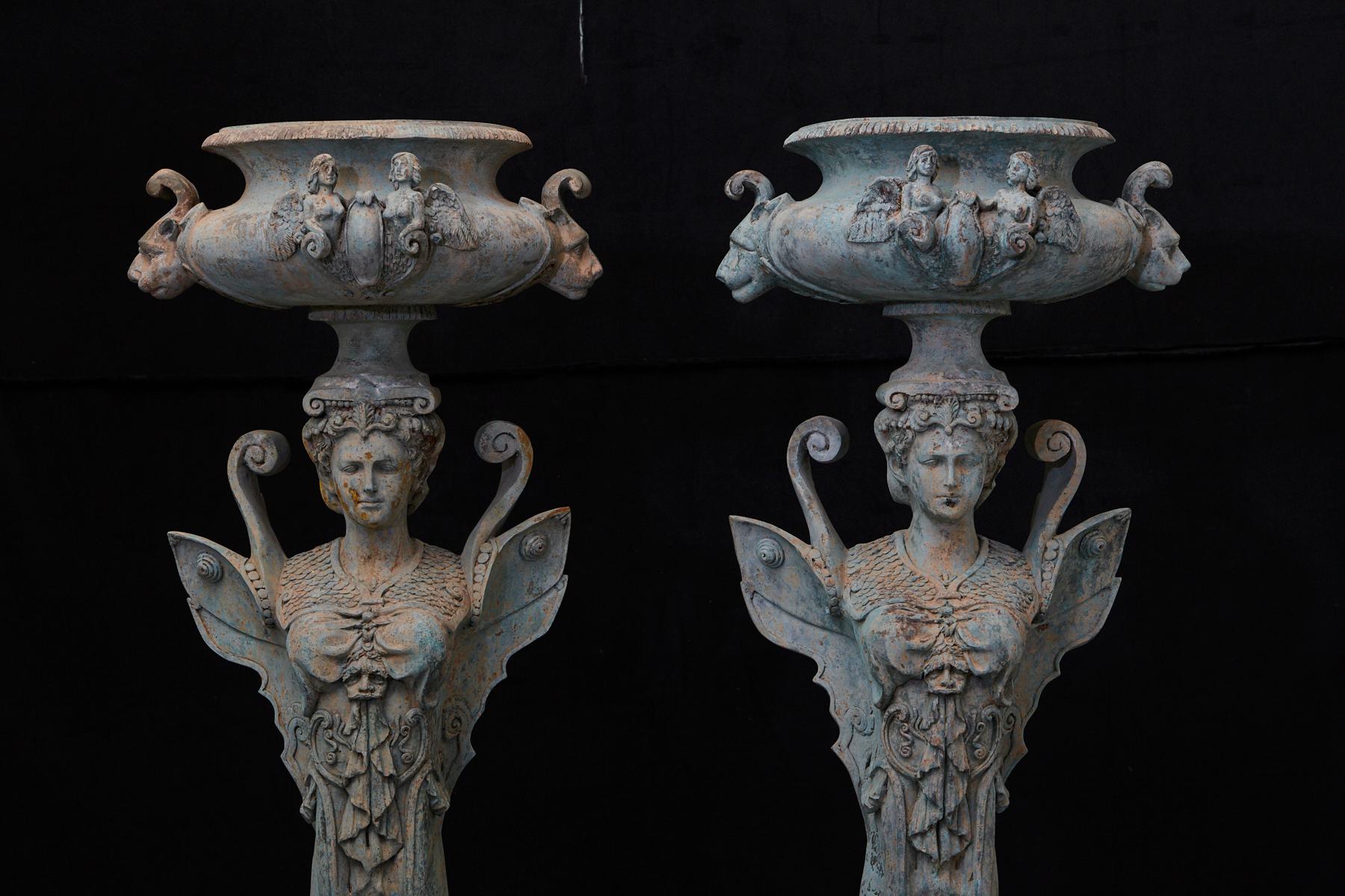 Pair of Tall Patinated Cast Iron Planters Showing Mythical Creatures / Chimeres 8