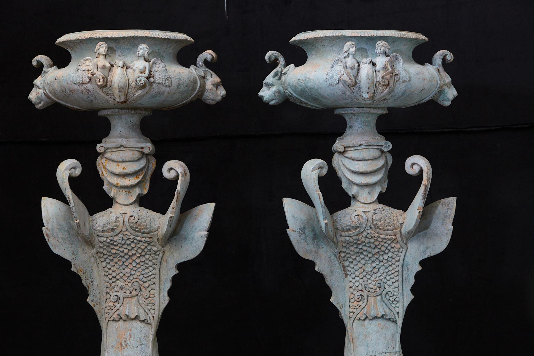 Pair of Tall Patinated Cast Iron Planters Showing Mythical Creatures / Chimeres 9