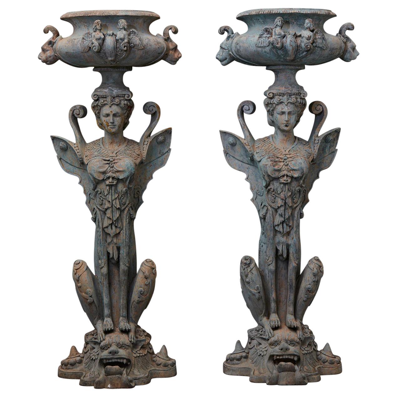 Pair of Tall Patinated Cast Iron Planters Showing Mythical Creatures / Chimeres