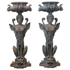 Retro Pair of Tall Patinated Cast Iron Planters Showing Mythical Creatures / Chimeres