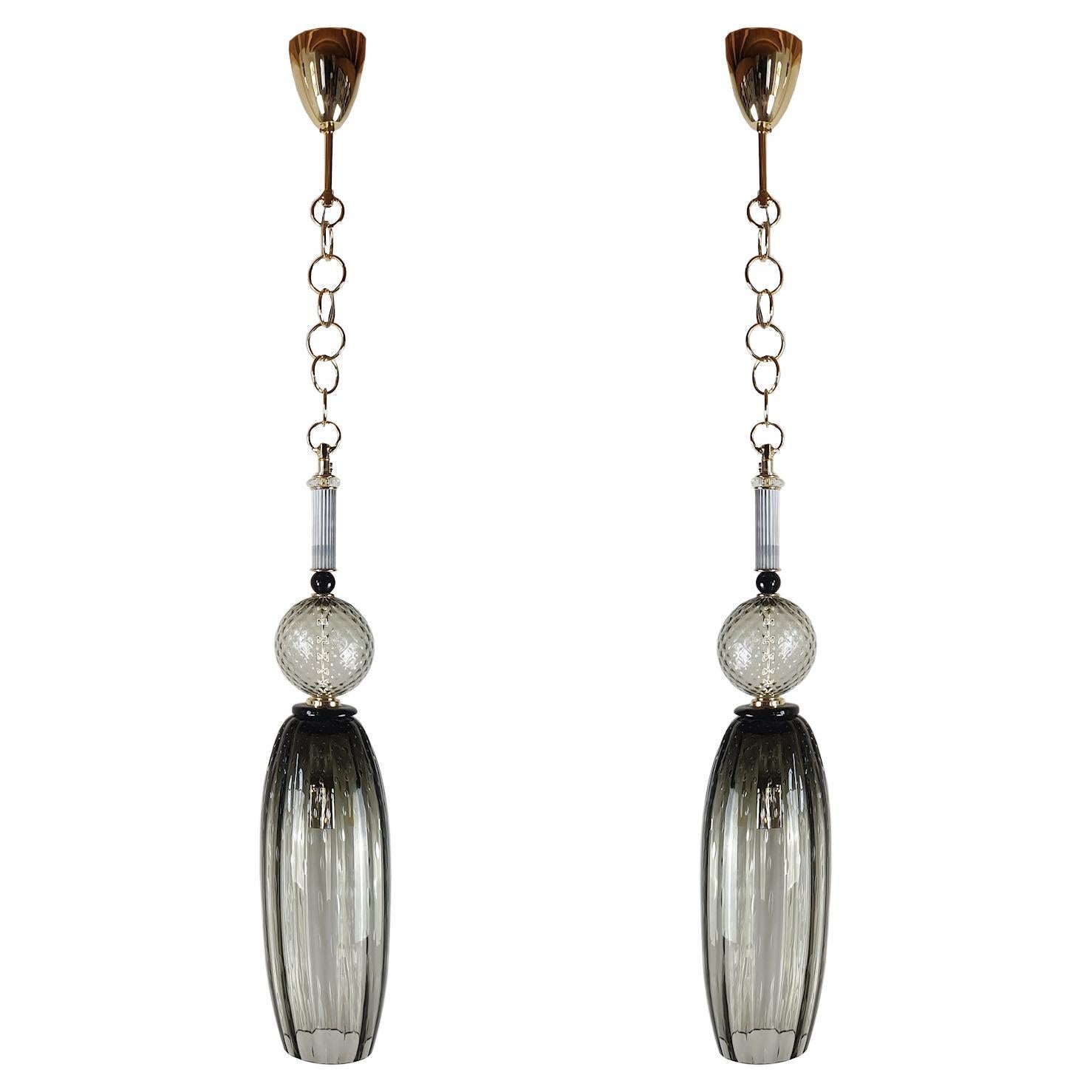 Pair of Tall Pendant Murano Glass & Brass Lights