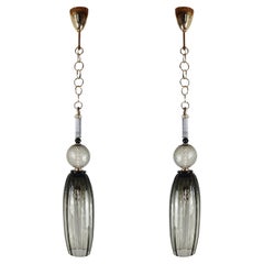 Pair of Tall Pendant Murano Glass & Brass Lights