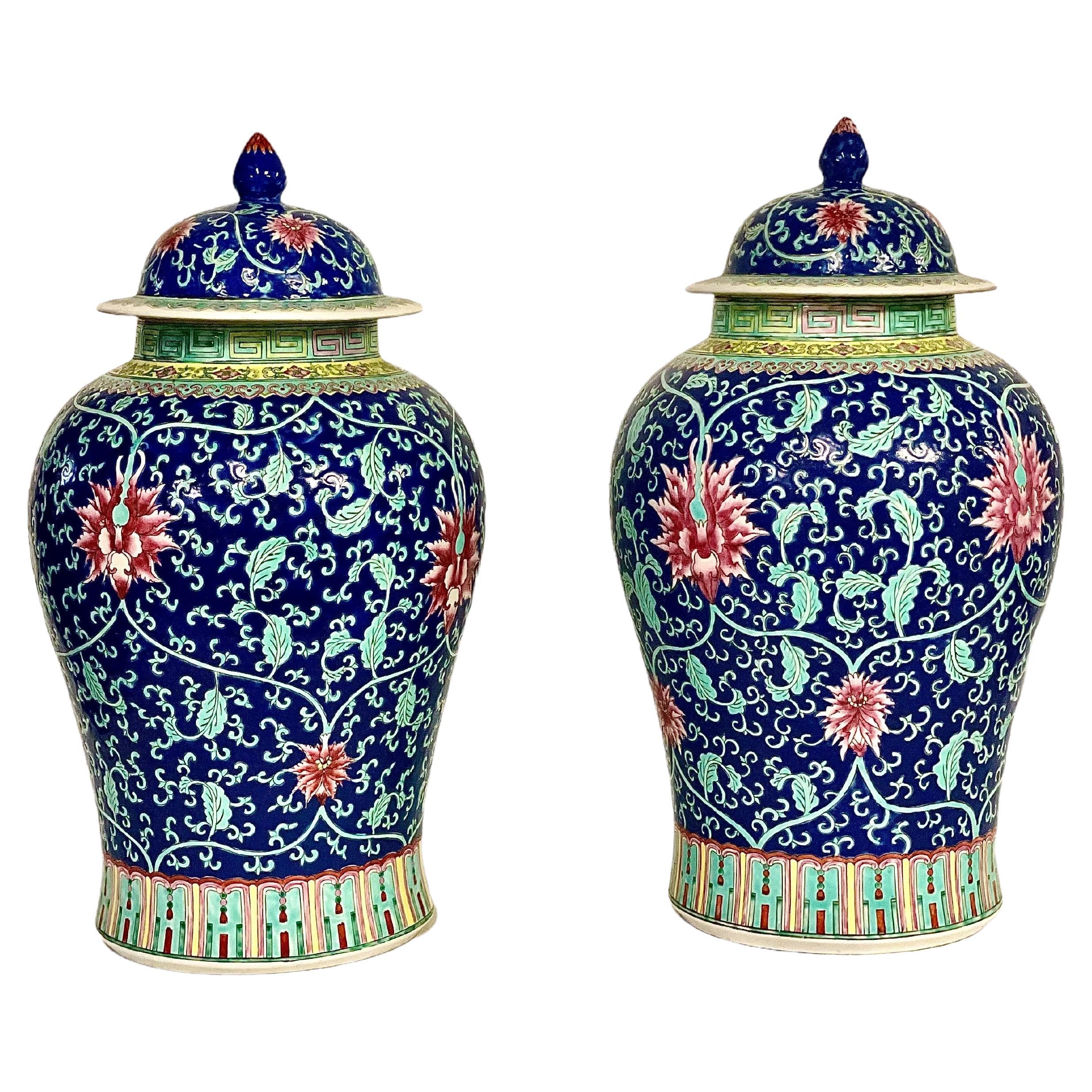 Paire de grands pots à couvercle chinois roses et bleus