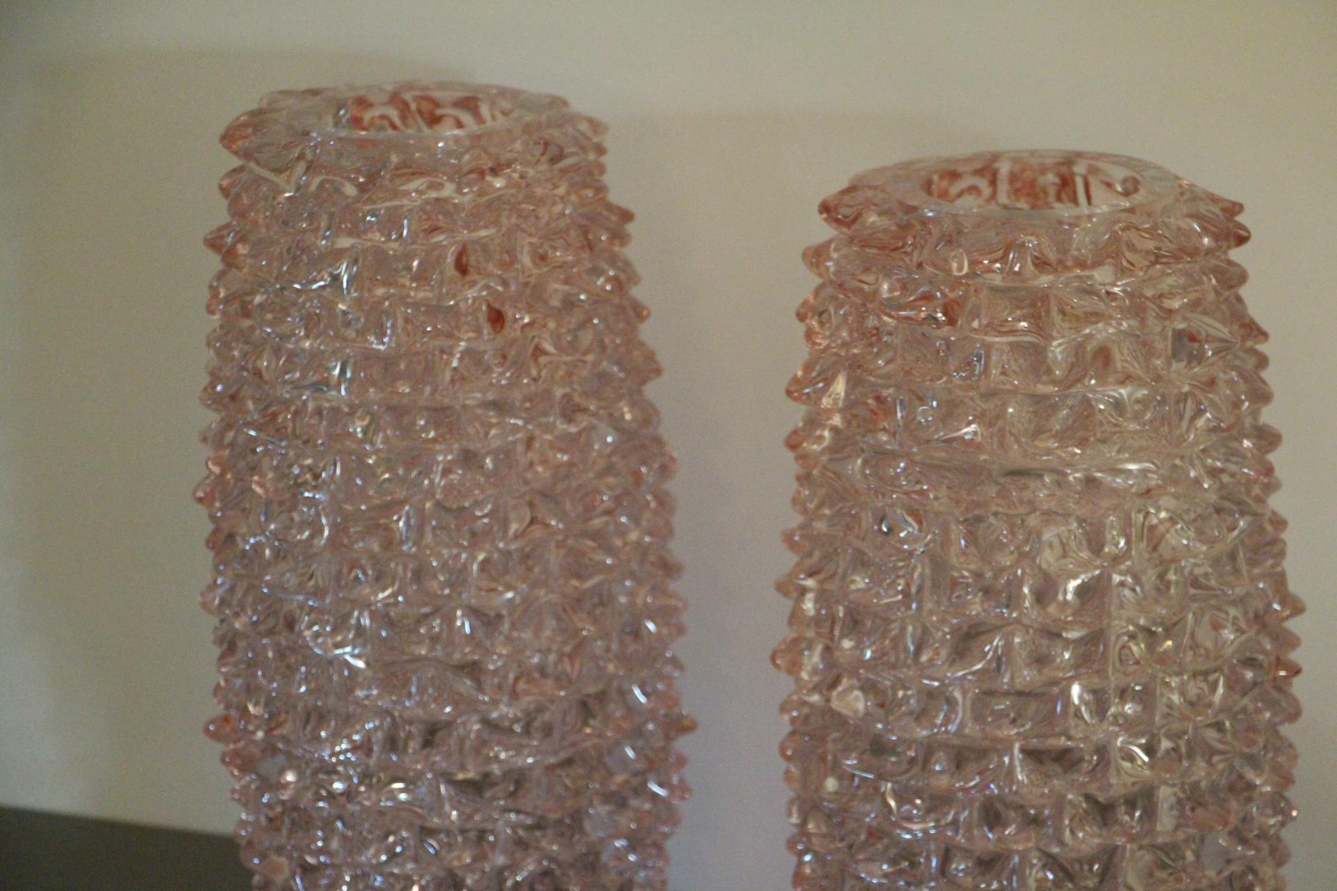 Pair of Tall Pink Vases in Murano Glass with Spikes Decor, Barovier Style 4