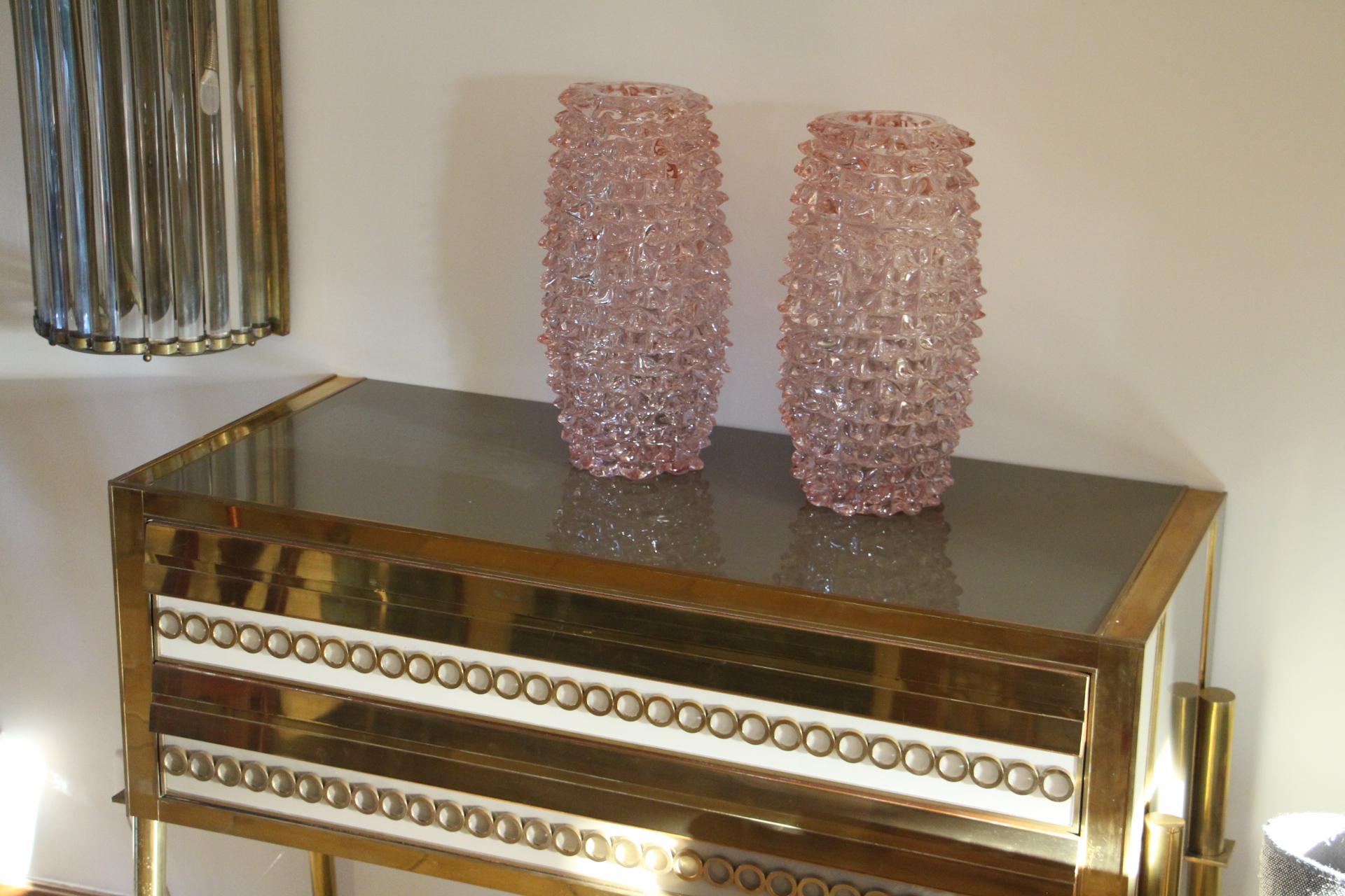 Pair of Tall Pink Vases in Murano Glass with Spikes Decor, Barovier Style 5