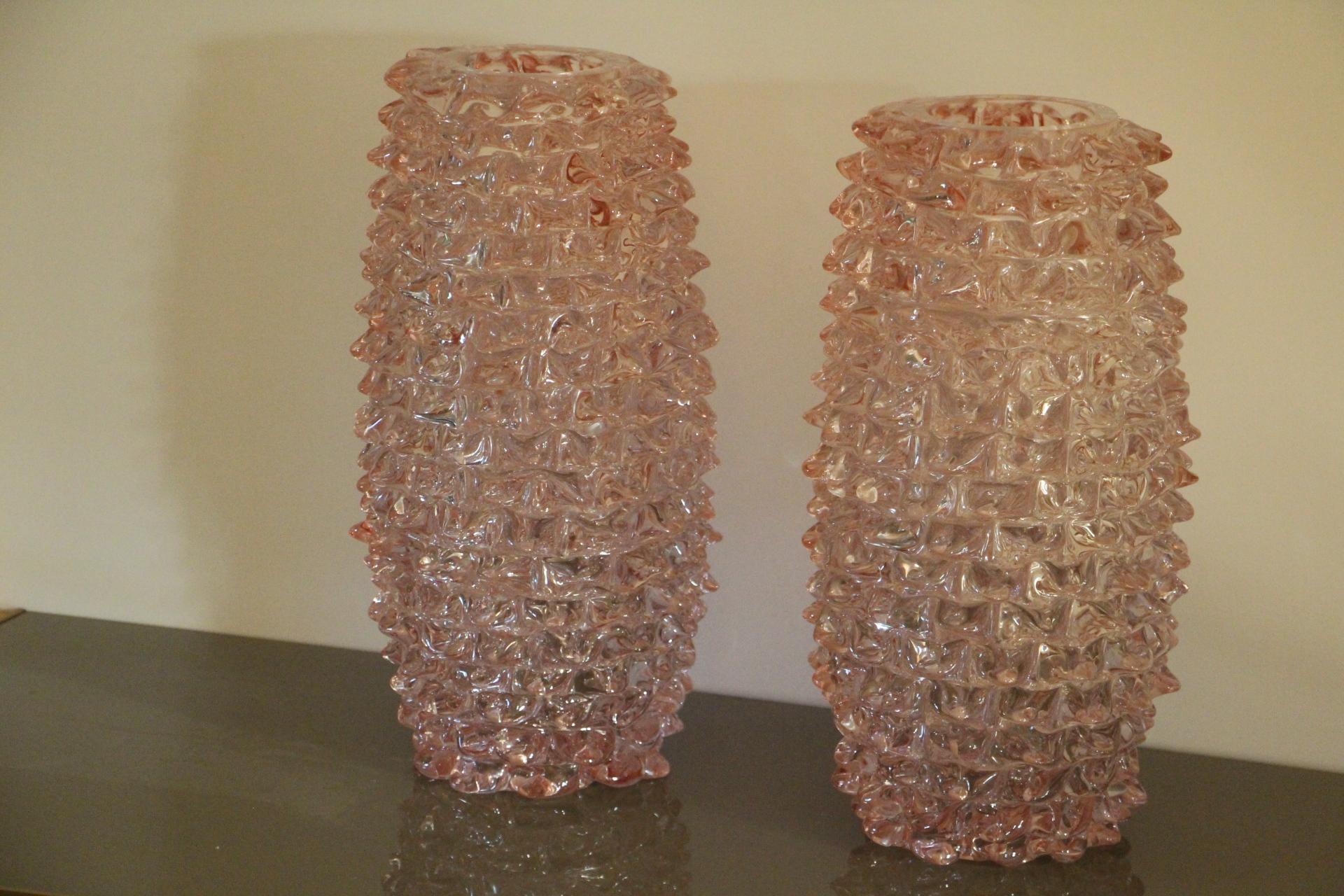 Pair of Tall Pink Vases in Murano Glass with Spikes Decor, Barovier Style 6