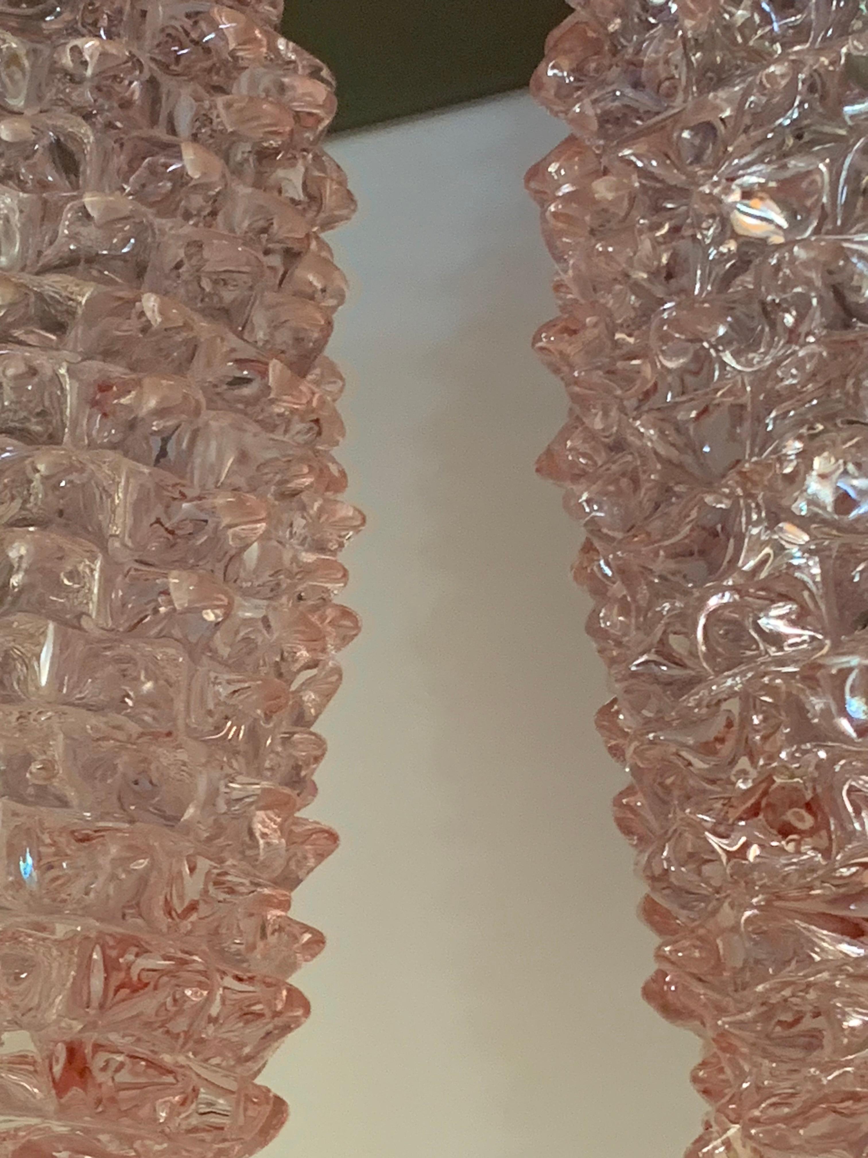 Pair of Tall Pink Vases in Murano Glass with Spikes Decor, Barovier Style 11