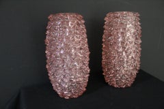 Pareja de Jarrones Altos Rosas de Cristal de Murano con Decoración de Espigas, Estilo Barovier