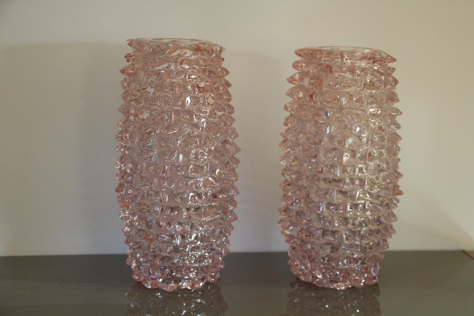 Contemporary Pair of Tall Pink Vases in Murano Glass with Spikes Decor, Barovier Style