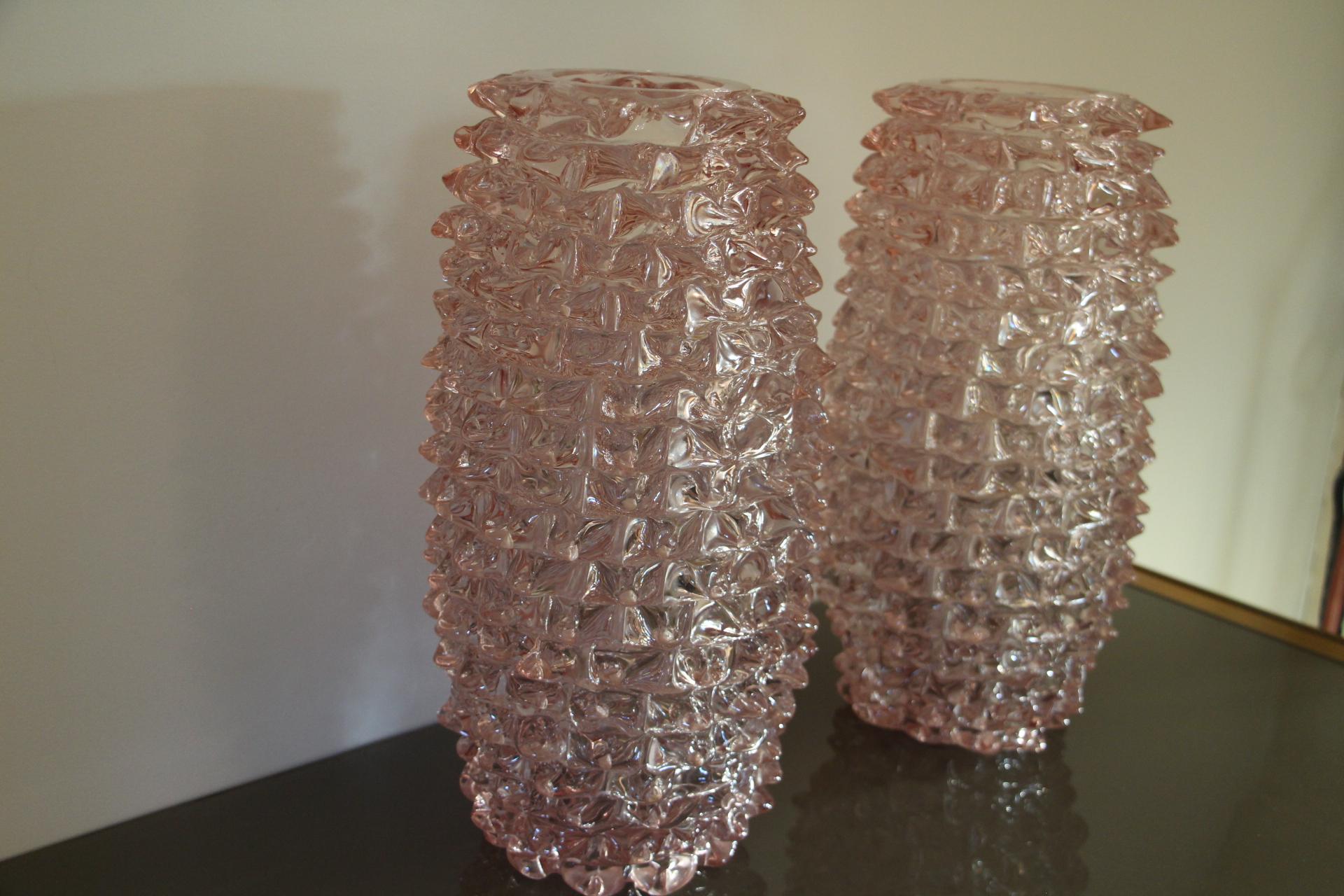 Pair of Tall Pink Vases in Murano Glass with Spikes Decor, Barovier Style 2