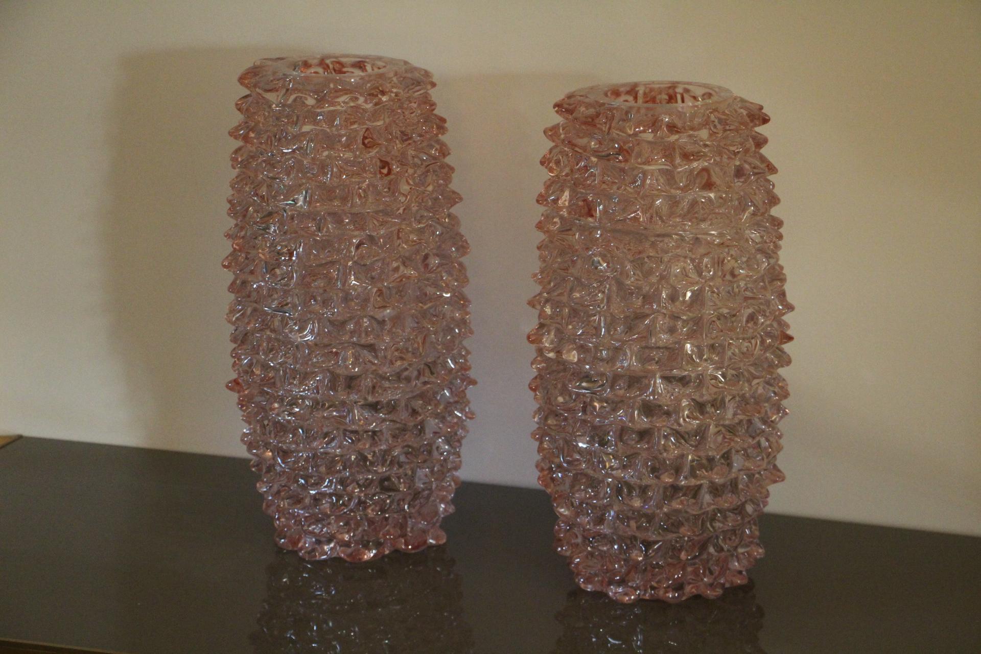 Pair of Tall Pink Vases in Murano Glass with Spikes Decor, Barovier Style 3