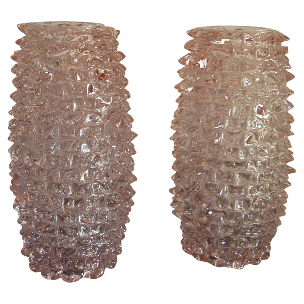 Pair of Tall Pink Vases in Murano Glass with Spikes Decor, Barovier Style