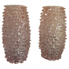 Pair of Tall Pink Vases in Murano Glass with Spikes Decor, Barovier Style