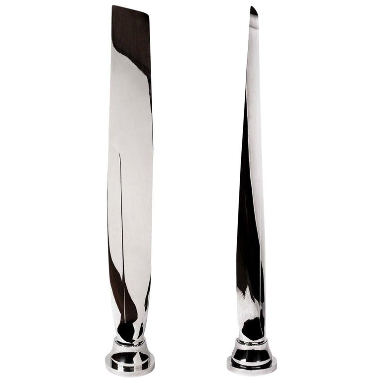 Pair of Tall, Polished Airplane Propeller Blade Sculptures For Sale