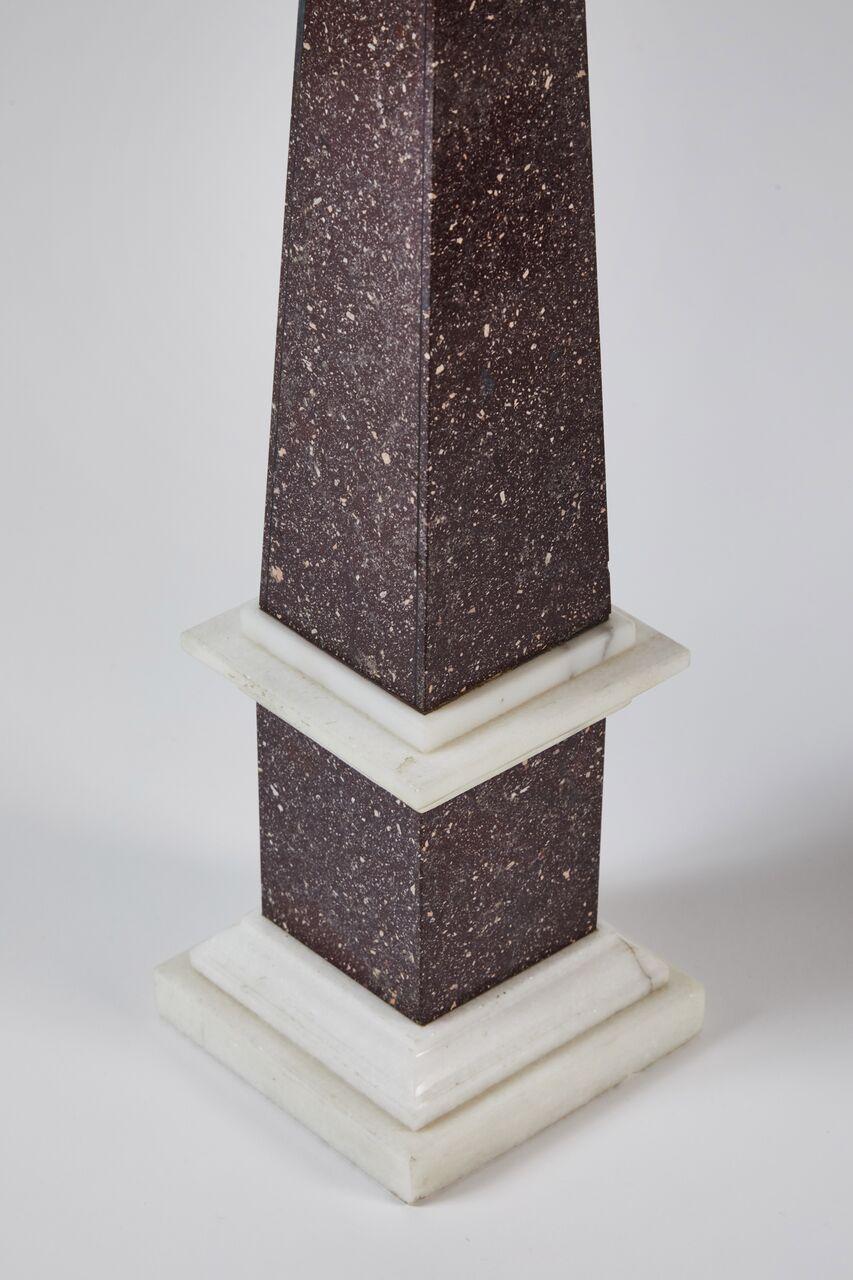 Pair of Tall Porphyry Veneered and Marble Obelisks In Good Condition For Sale In Los Angeles, CA