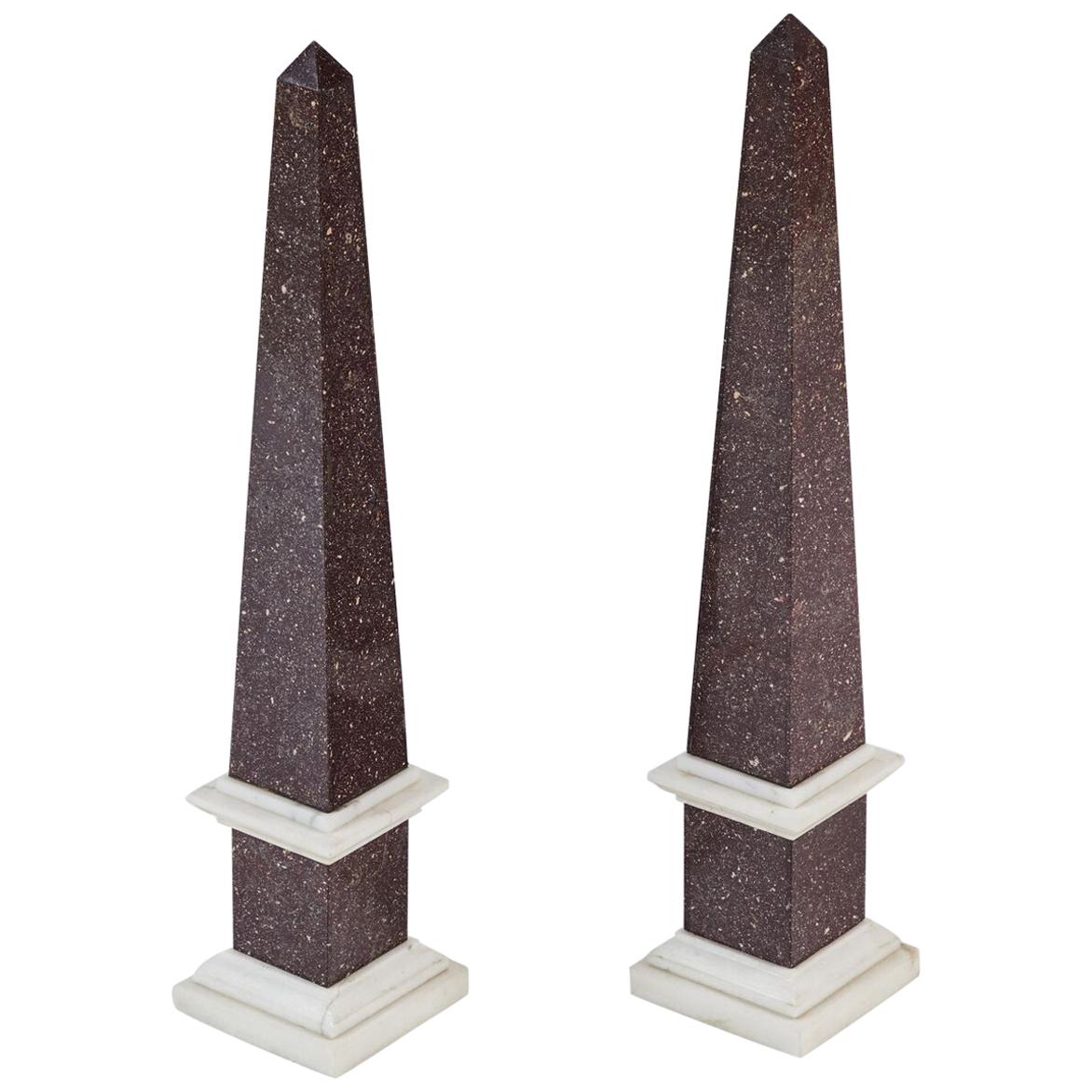 Pair of Tall Porphyry Veneered and Marble Obelisks For Sale
