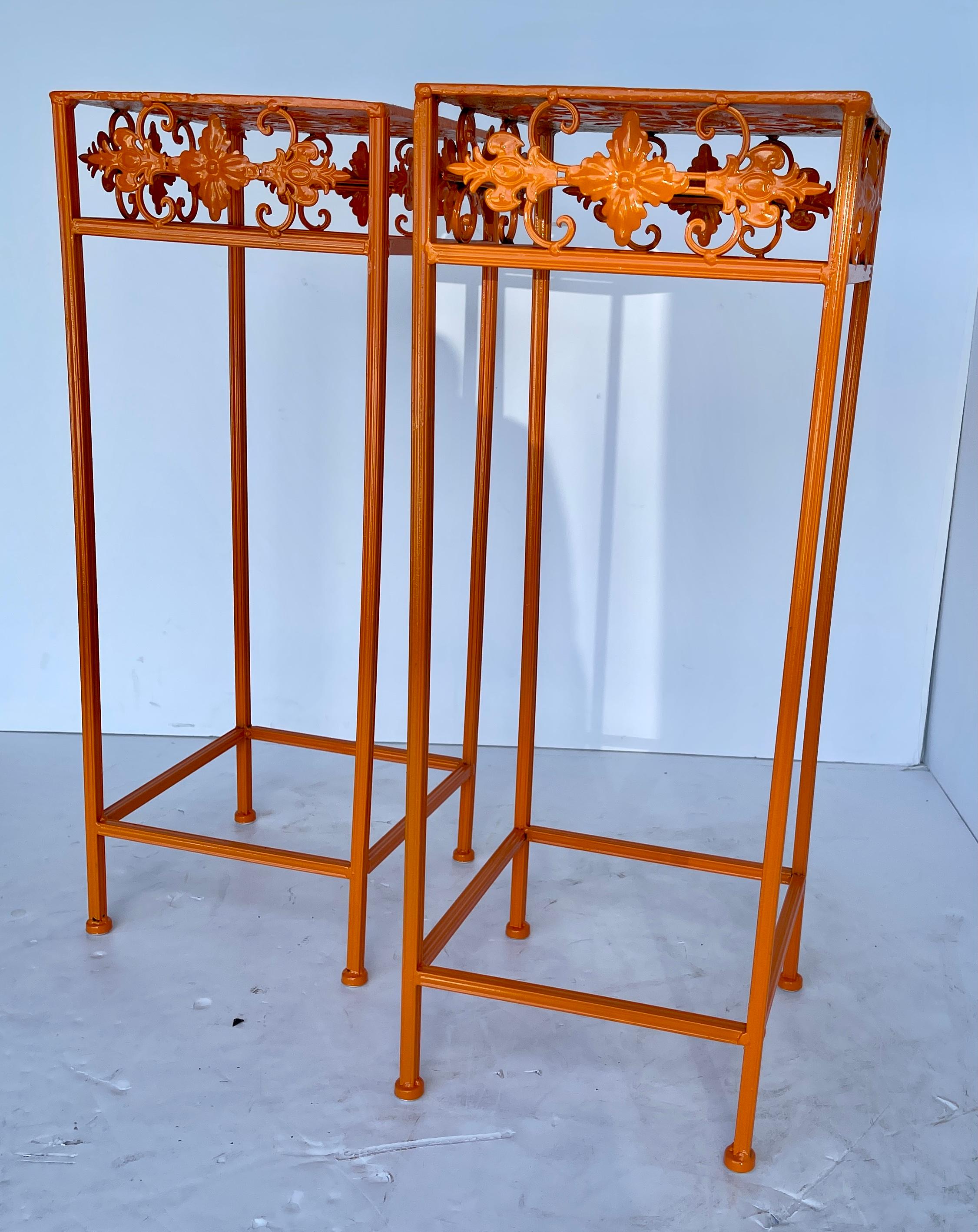 Pair of Plant Stands, Powder-Coated Orange In Good Condition In Haddonfield, NJ