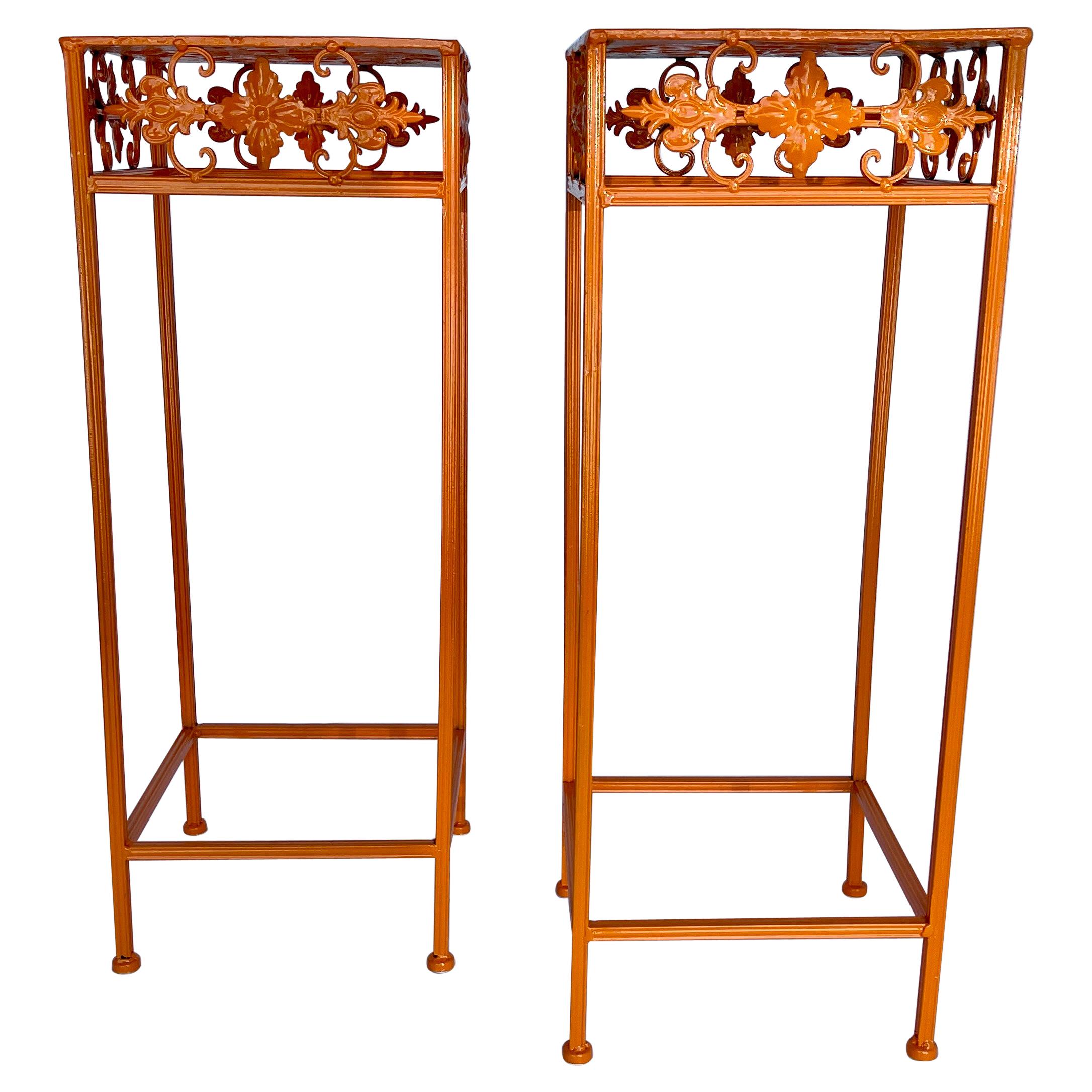 Pair of Plant Stands, Powder-Coated Orange
