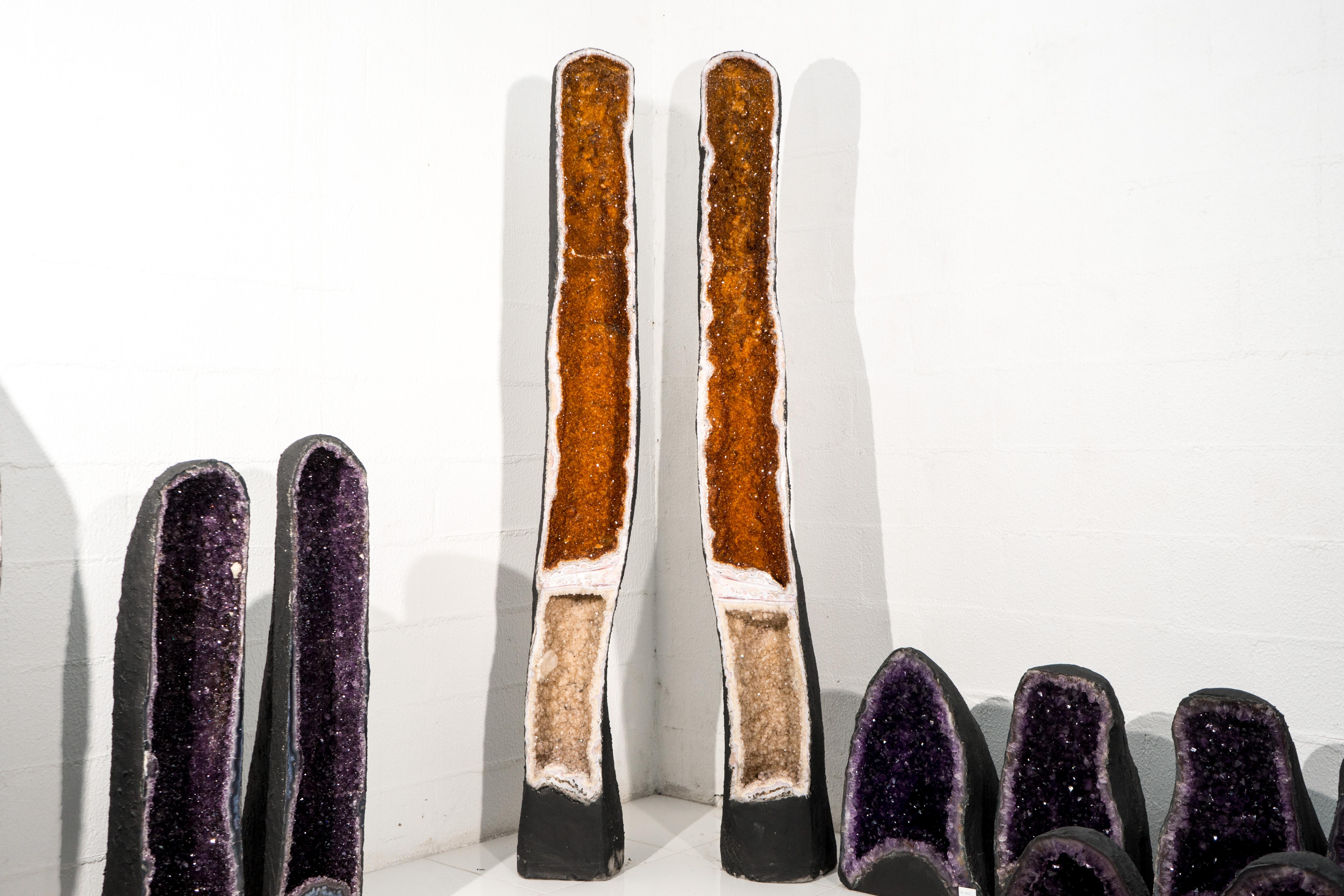 Brazilian Pair of Tall, Rare Double-Chambered Citrine Geodes, 6.3 Ft. Tall, Golden Orange For Sale
