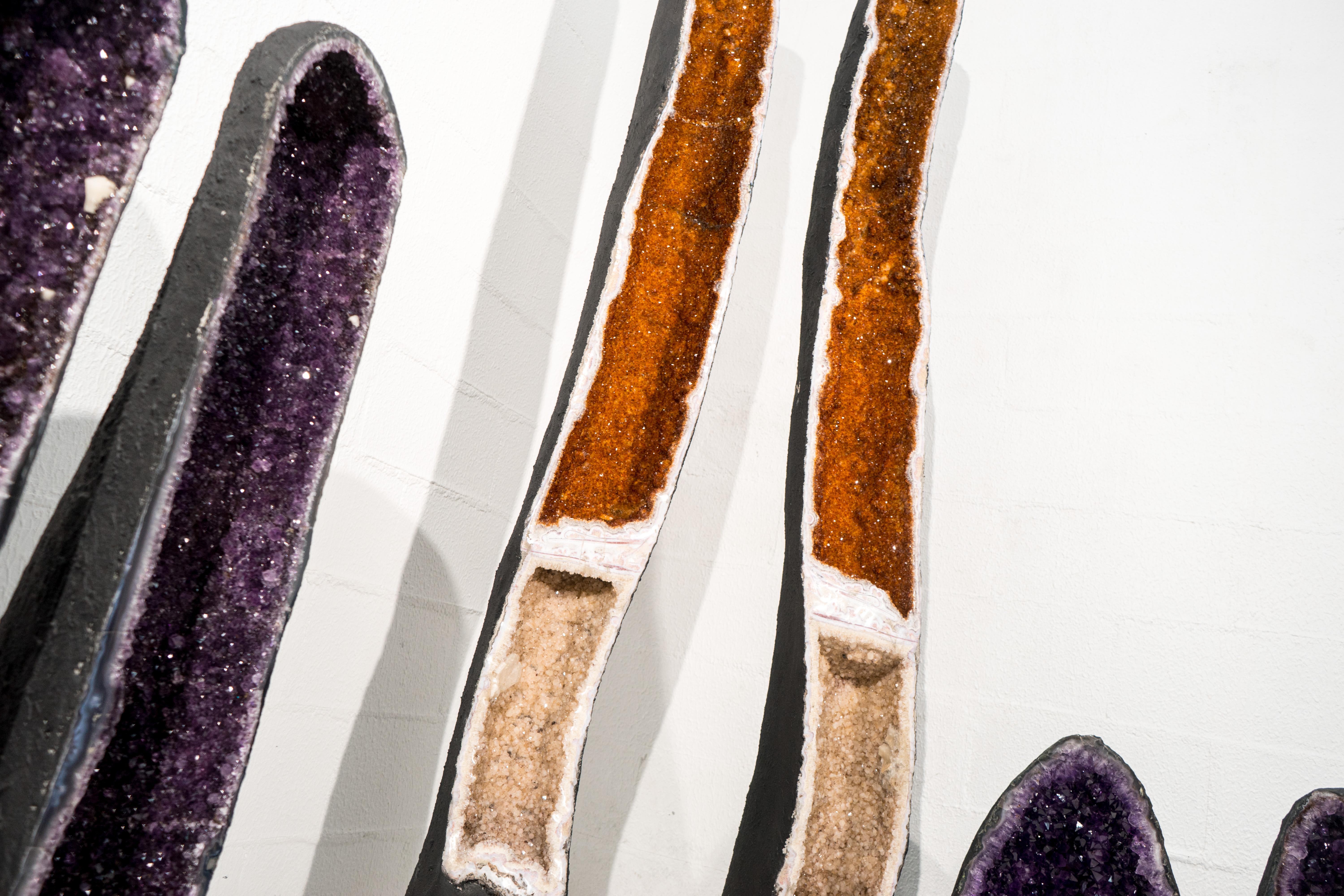 Contemporary Pair of Tall, Rare Double-Chambered Citrine Geodes, 6.3 Ft. Tall, Golden Orange For Sale