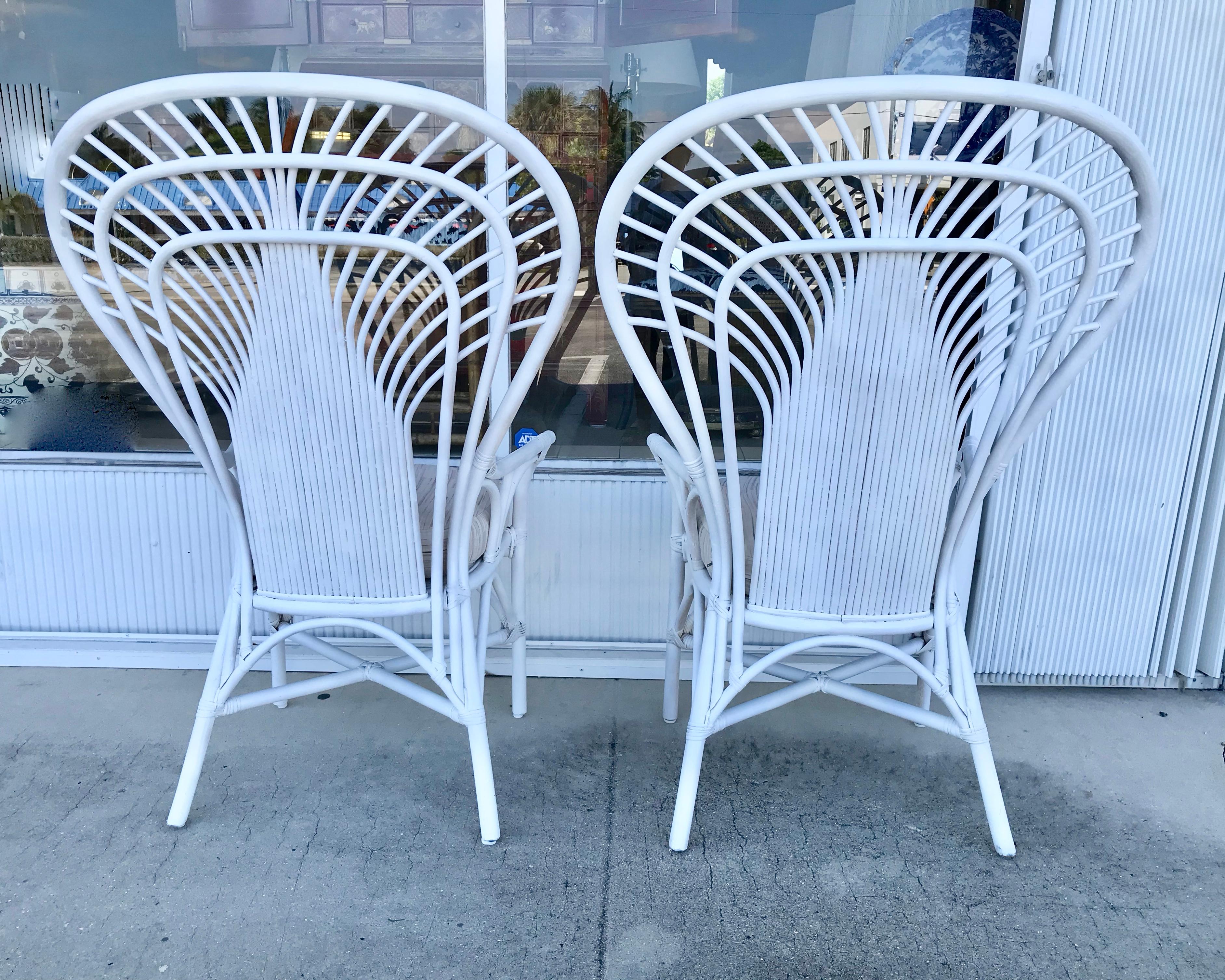 Painted Pair of Tall Rattan Fan Back Armchairs