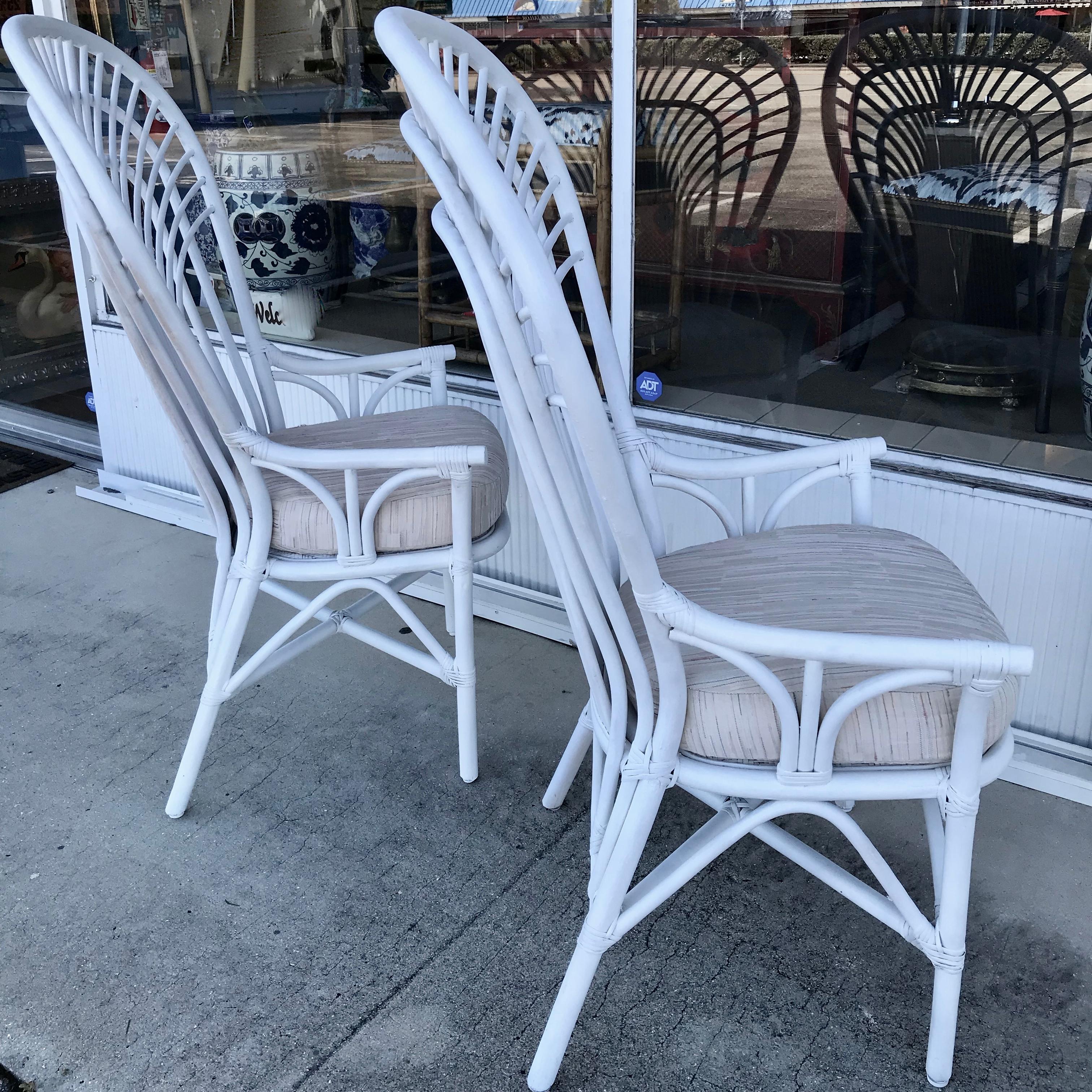 Pair of Tall Rattan Fan Back Armchairs In Good Condition In West Palm Beach, FL