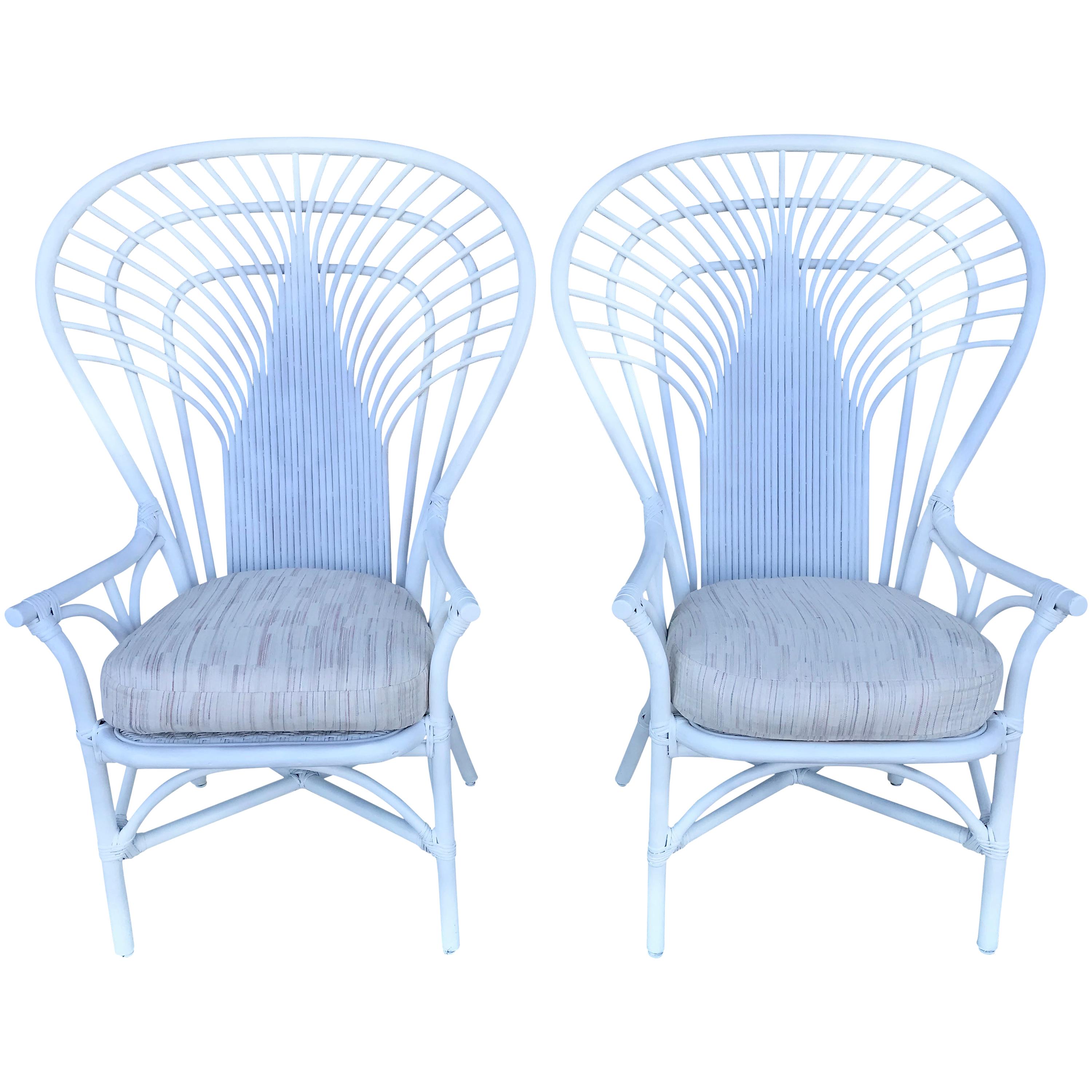 Pair of Tall Rattan Fan Back Armchairs