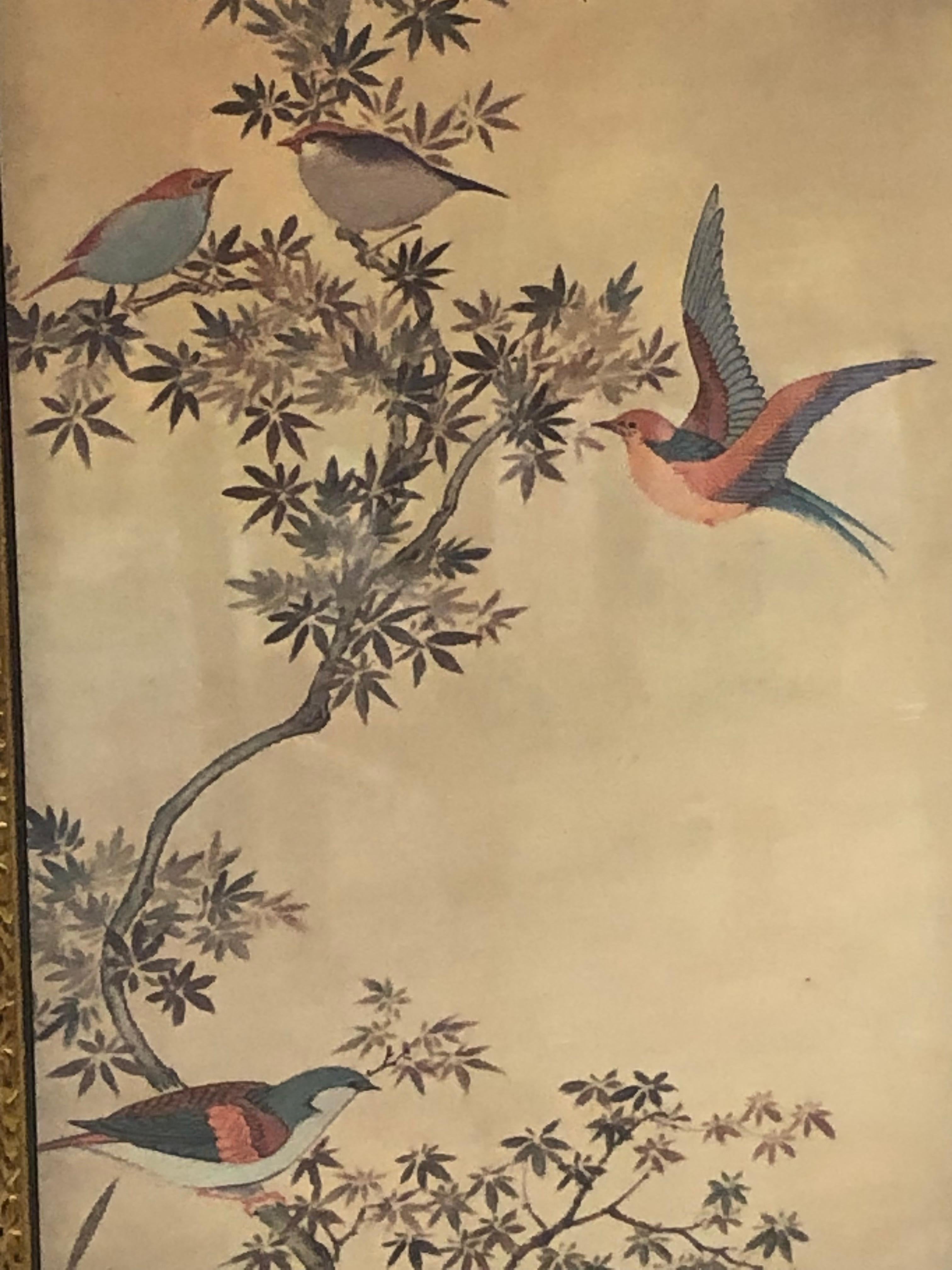 Japonisme Pair of Tall Rectangular Asian Style Prints with Birds and Foliage For Sale